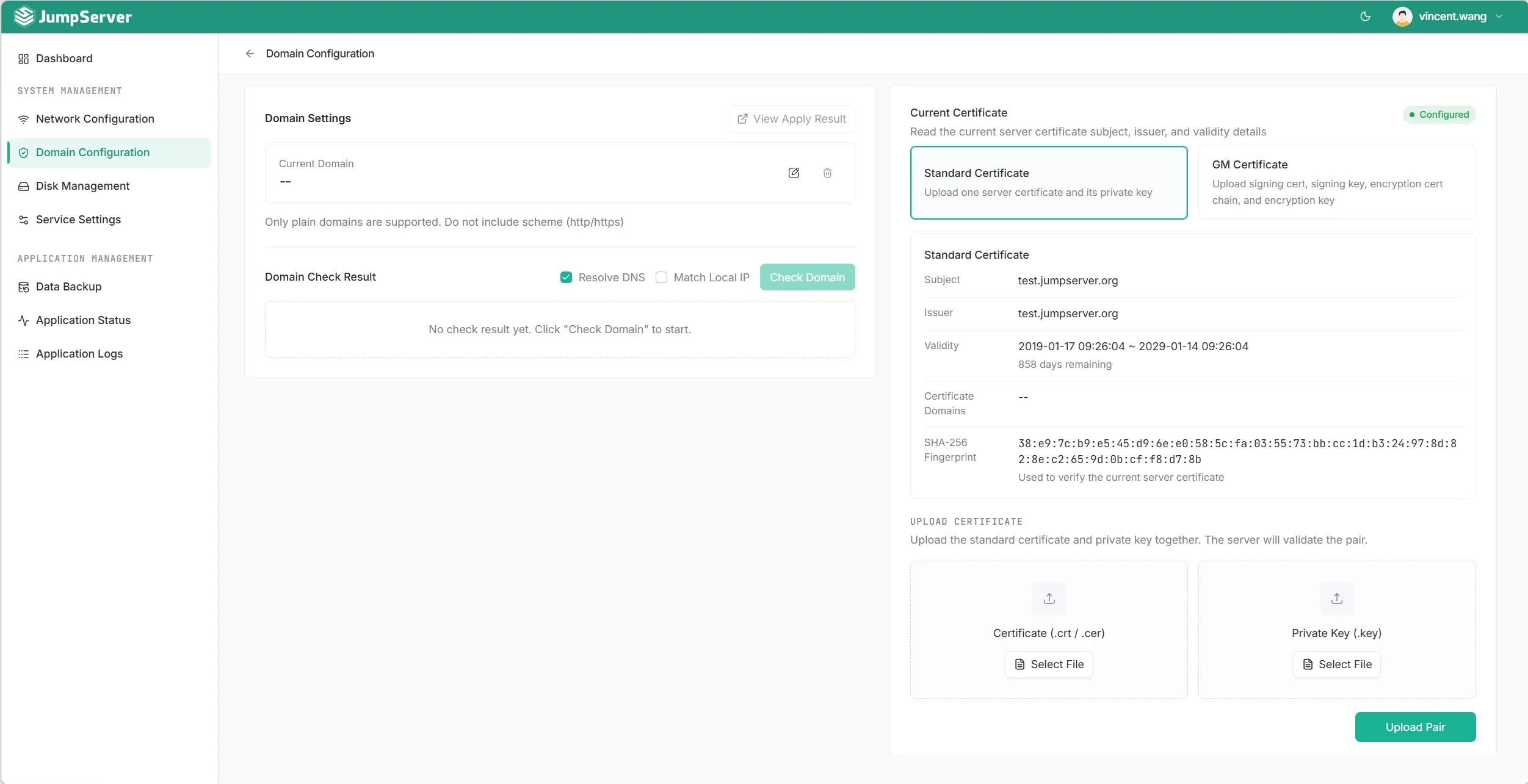 JumpServer KOTL Domain Configuration with the Current Certificate panel showing subject, issuer, validity, and SHA-256 fingerprint, alongside the Standard Certificate and GM Certificate upload panels