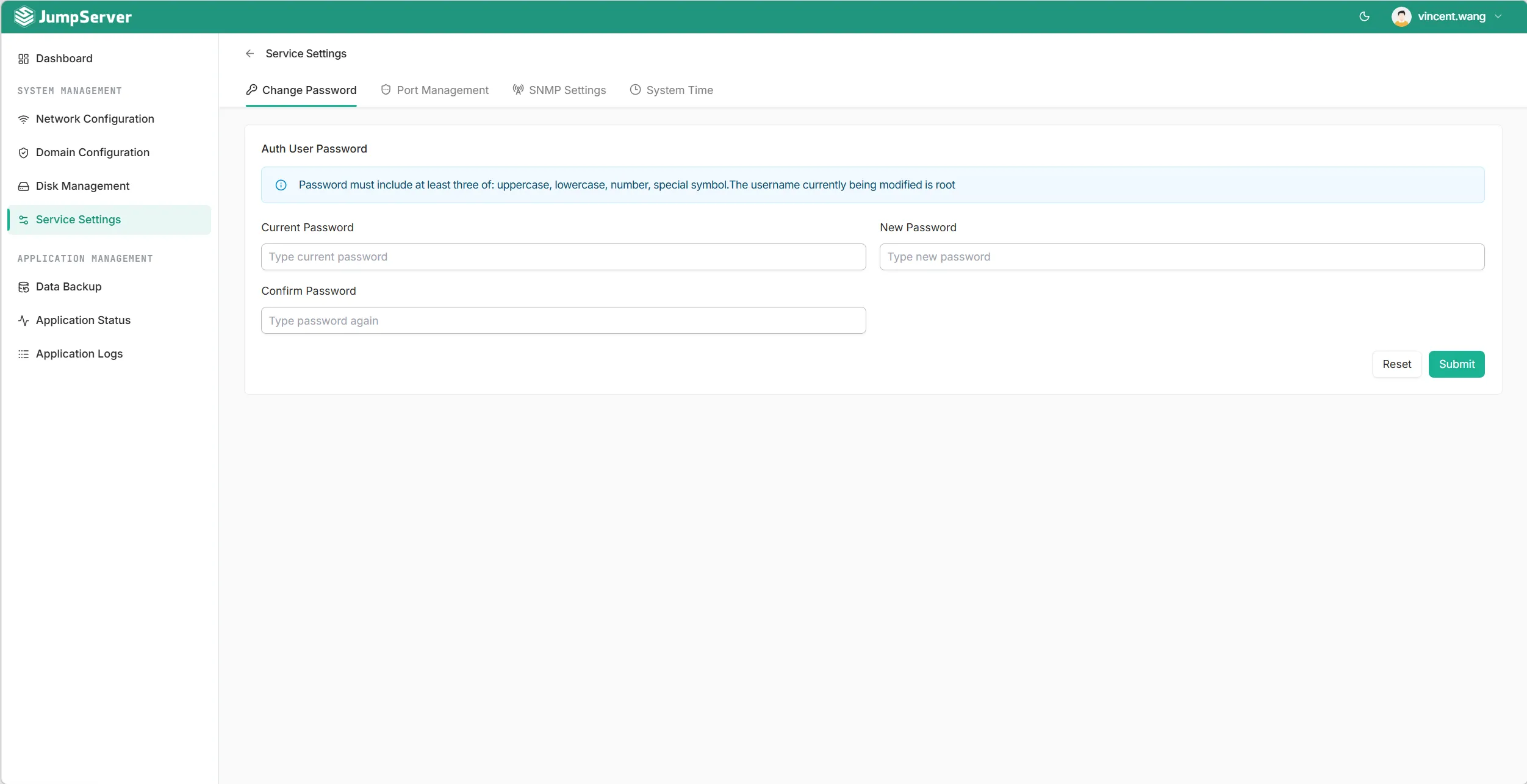 JumpServer KOTL Service Settings with the Change Password tab open, showing the policy hint and three password fields