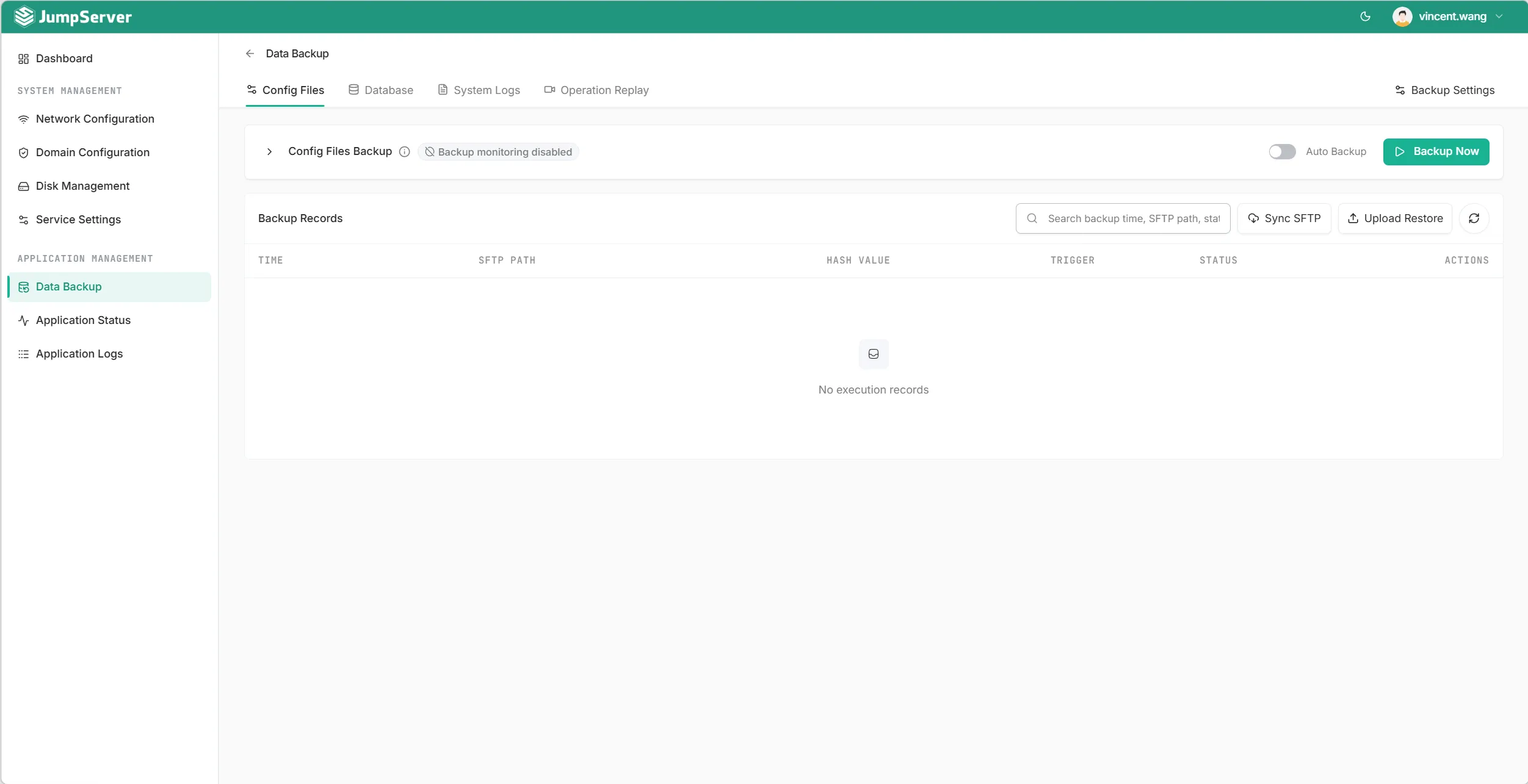 JumpServer KOTL Data Backup overview with the four backup target tabs and a fresh Backup Records table