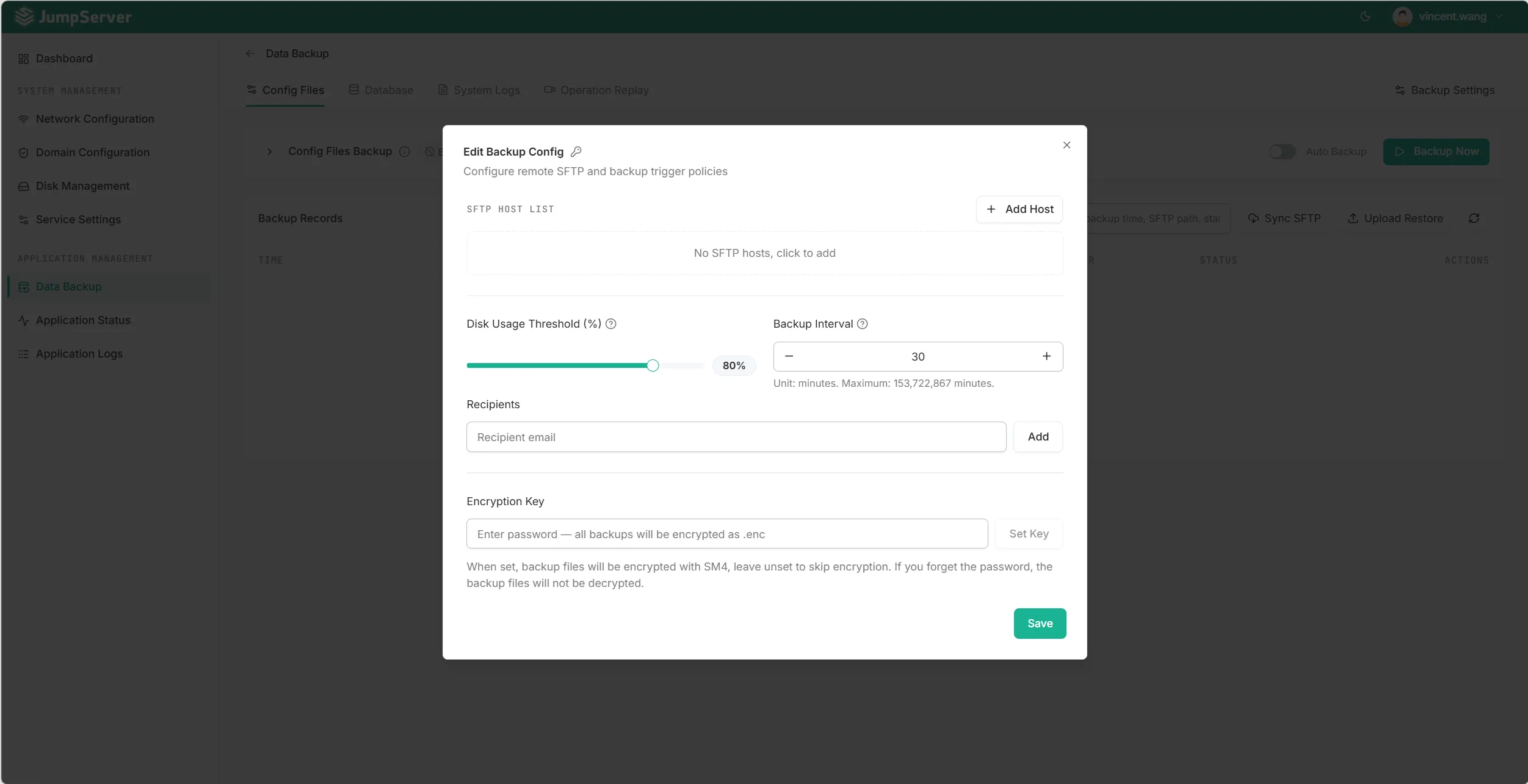 JumpServer KOTL Edit Backup Config dialog showing SFTP hosts, disk usage threshold, backup interval, recipients, and the Encryption Key field with its warning text
