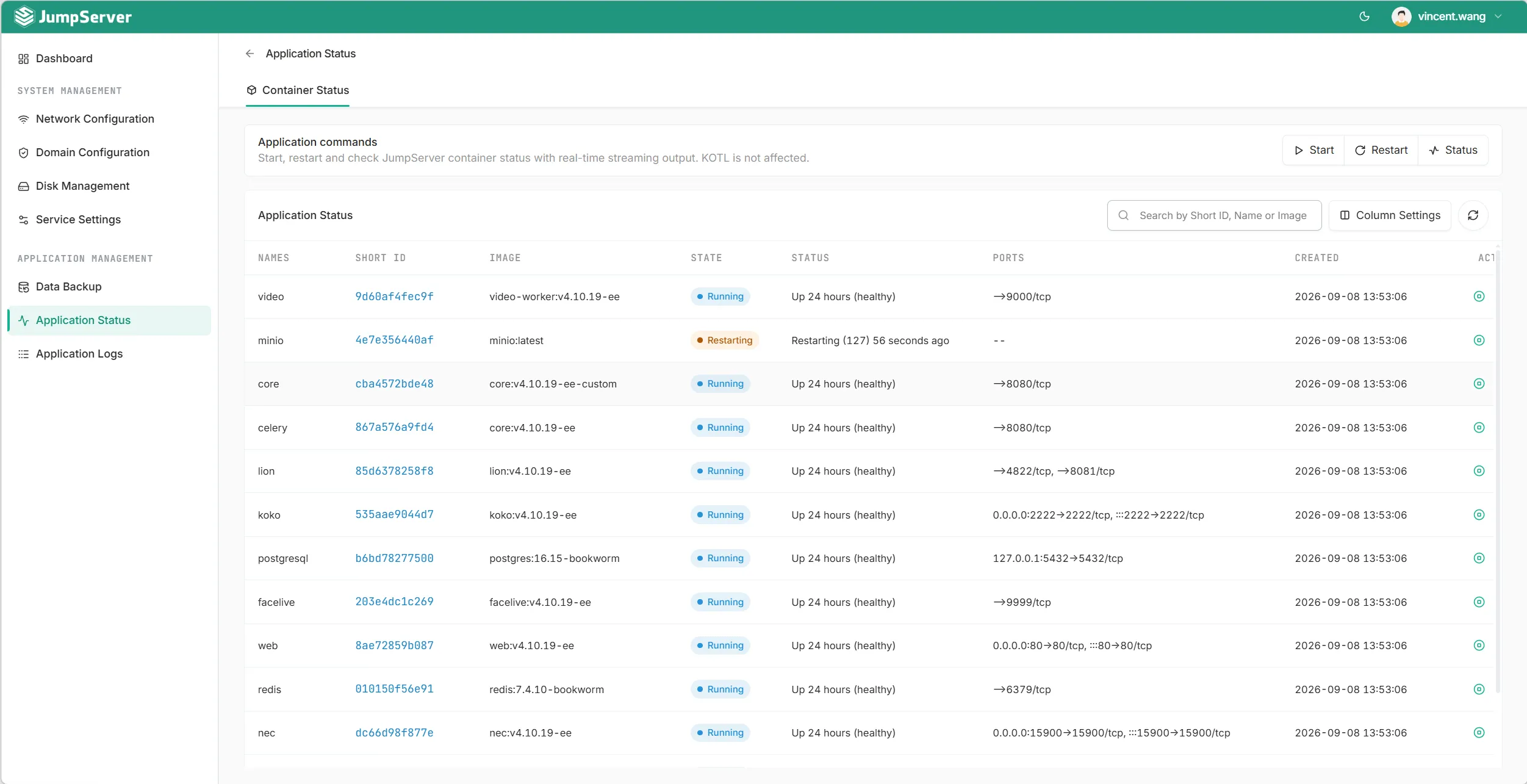 JumpServer KOTL Application Status showing the container list with Running and Restarting states across the JumpServer containers, plus Start/Restart/Status actions