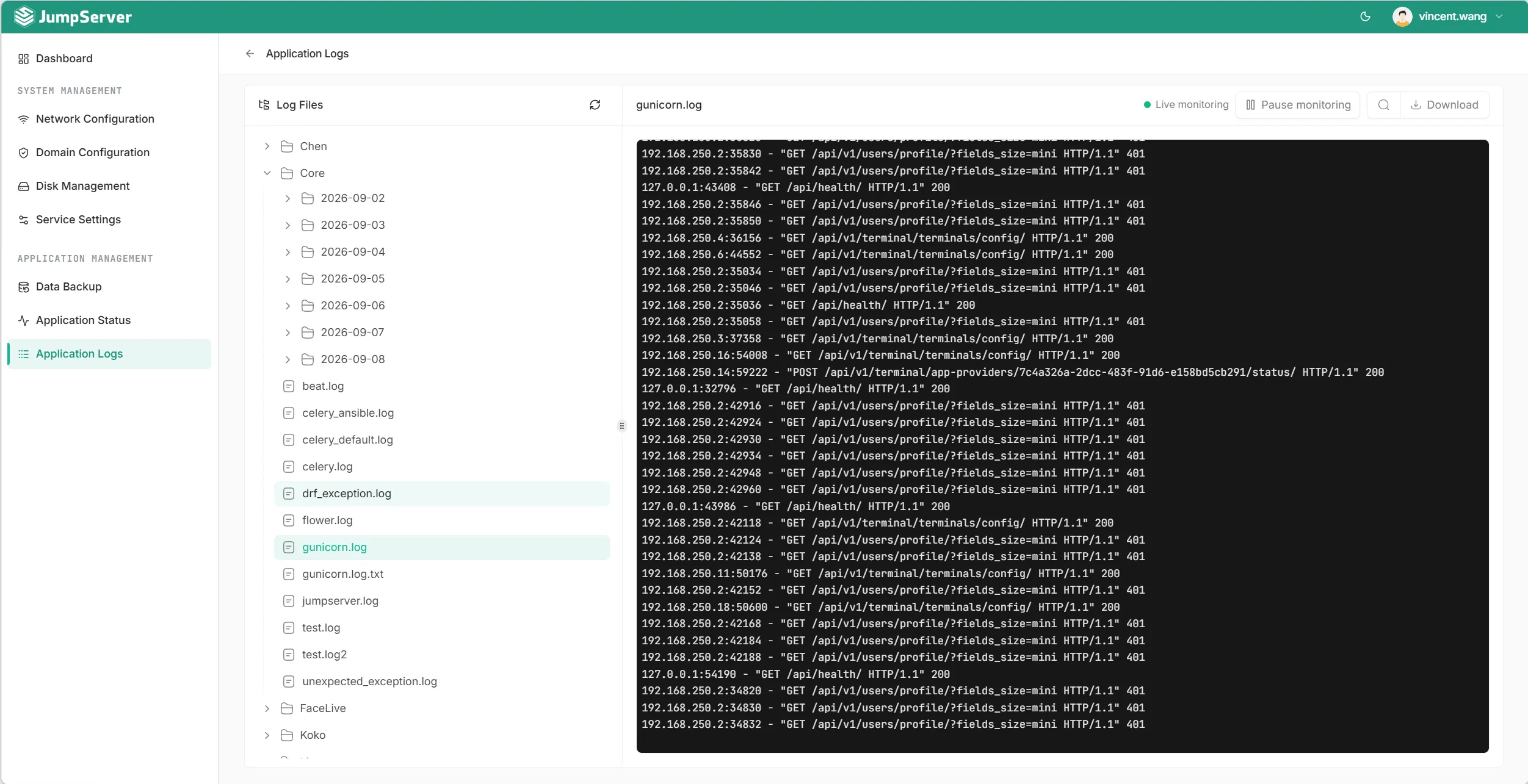 JumpServer KOTL Application Logs file tree on the left and a live tail of gunicorn.log on the right