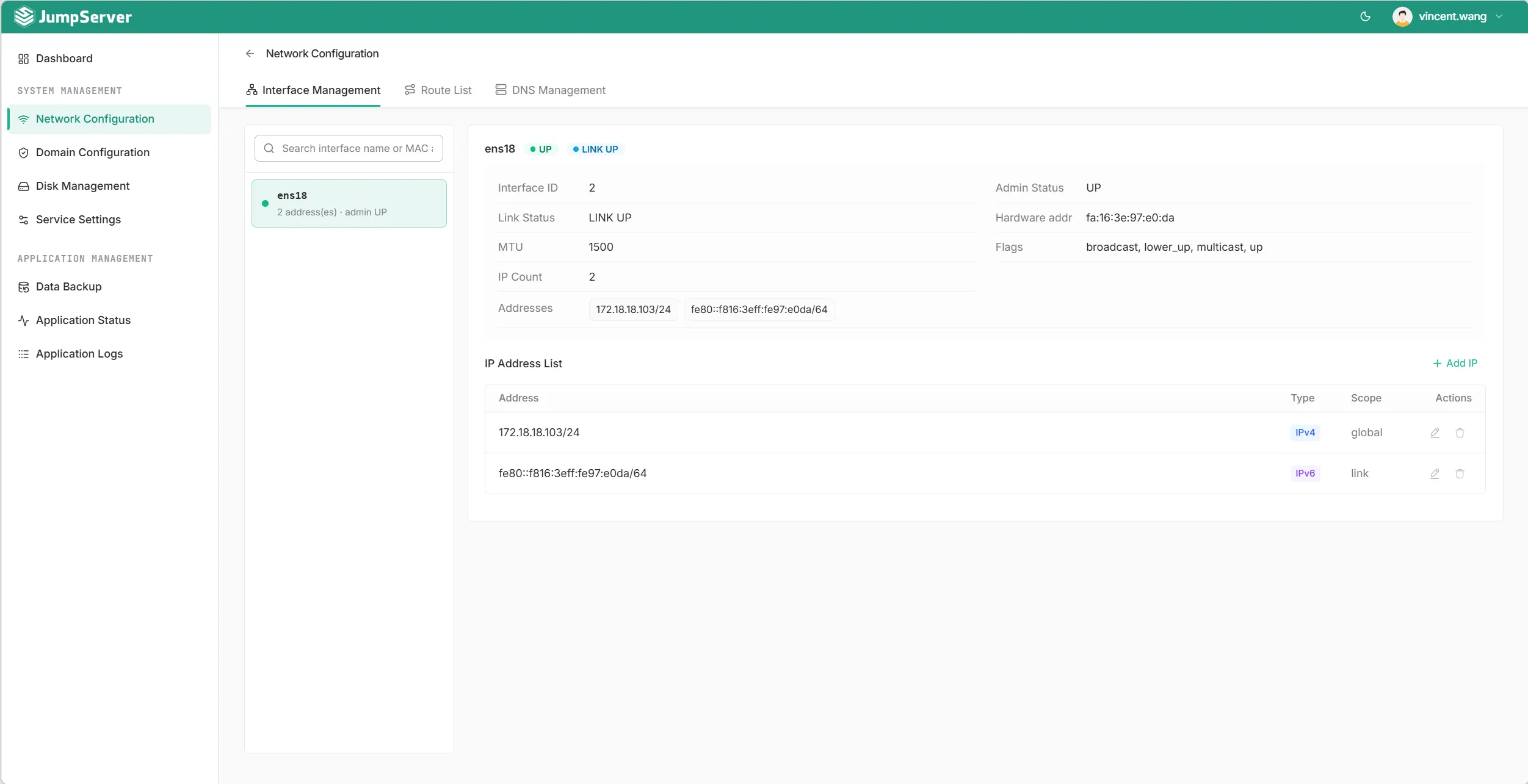 JumpServer KOTL Network Configuration showing the Interface Management tab with the ens18 link up, its MTU, hardware address, IP count, and the IPv4/IPv6 address list
