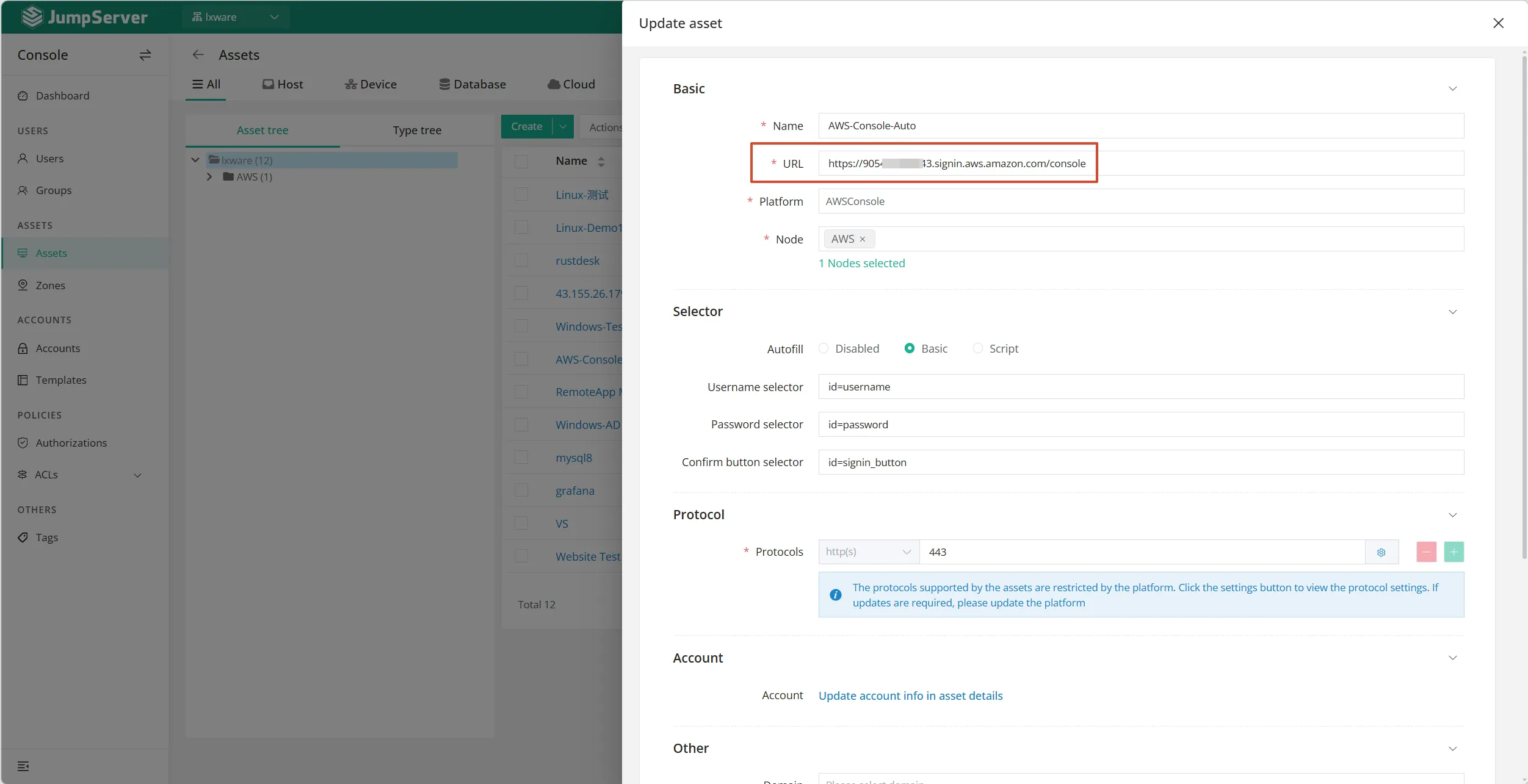 AWS-Console-Auto asset details with the console sign-in URL and autofill selectors