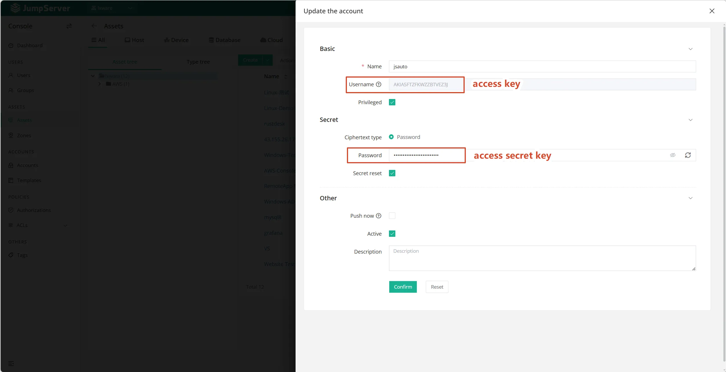 Creating the privileged account with the IAM access key ID and secret access key