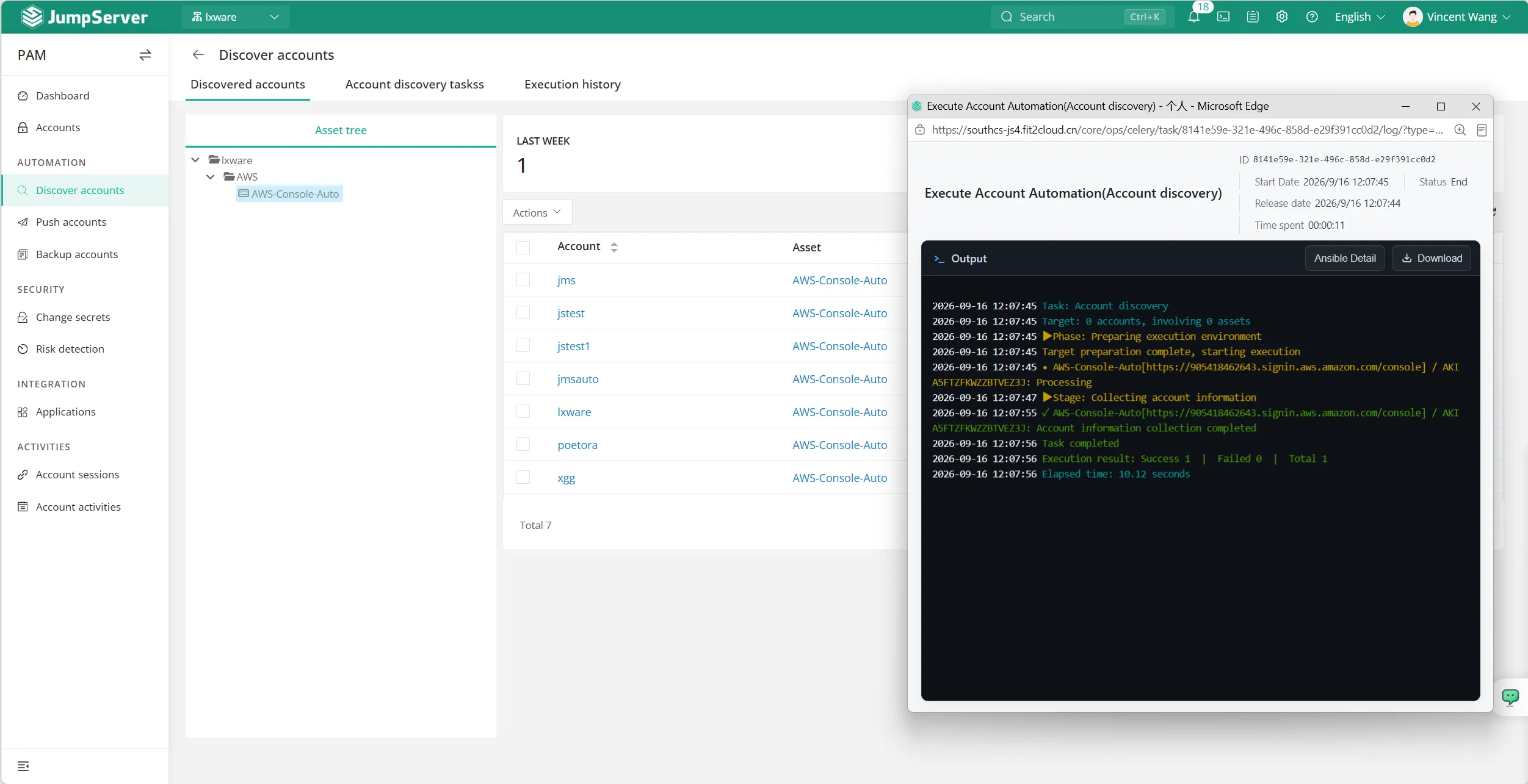 Account discovery results for the AWS console asset in JumpServer