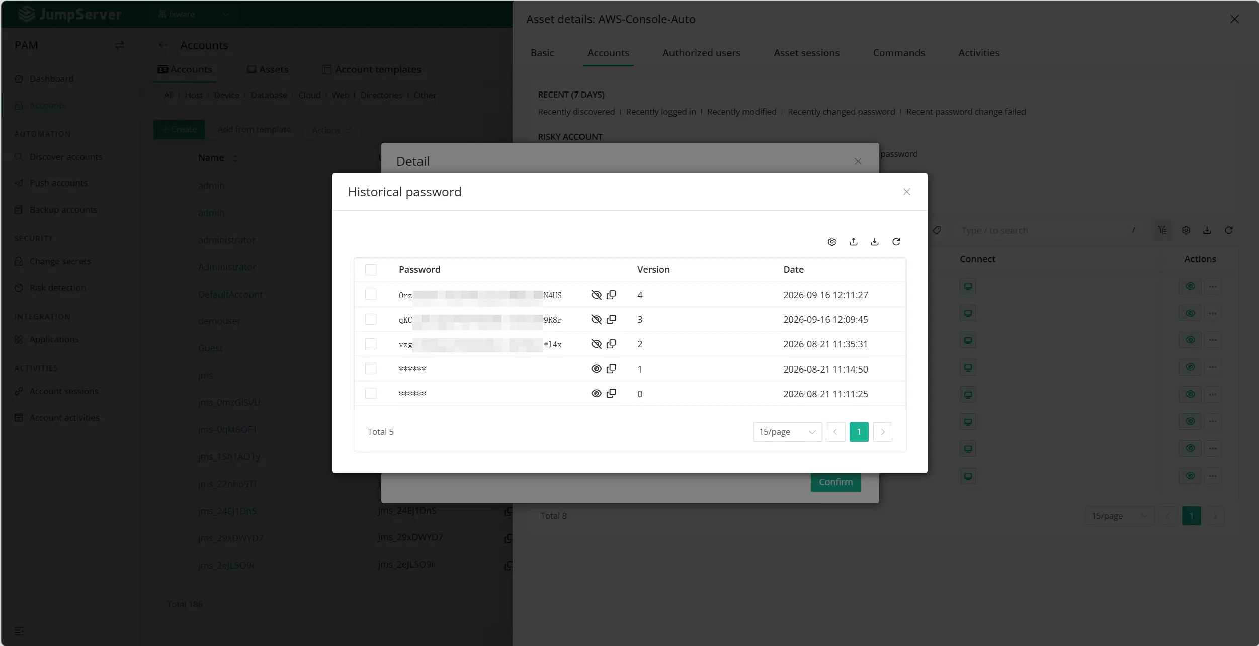 Password history for an account on the AWS console asset