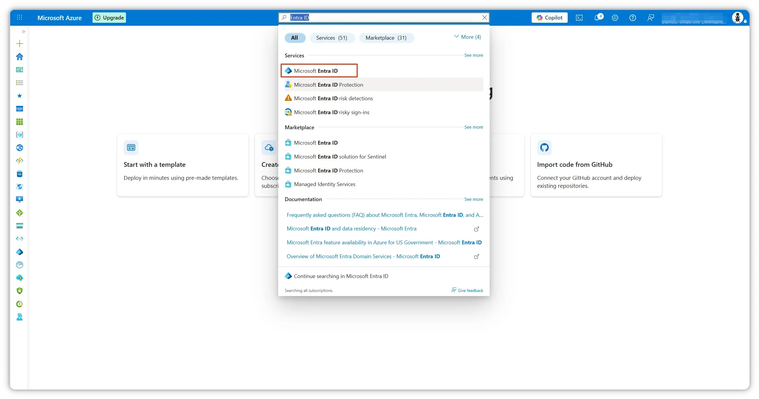 Search for Microsoft Entra ID in the Azure portal