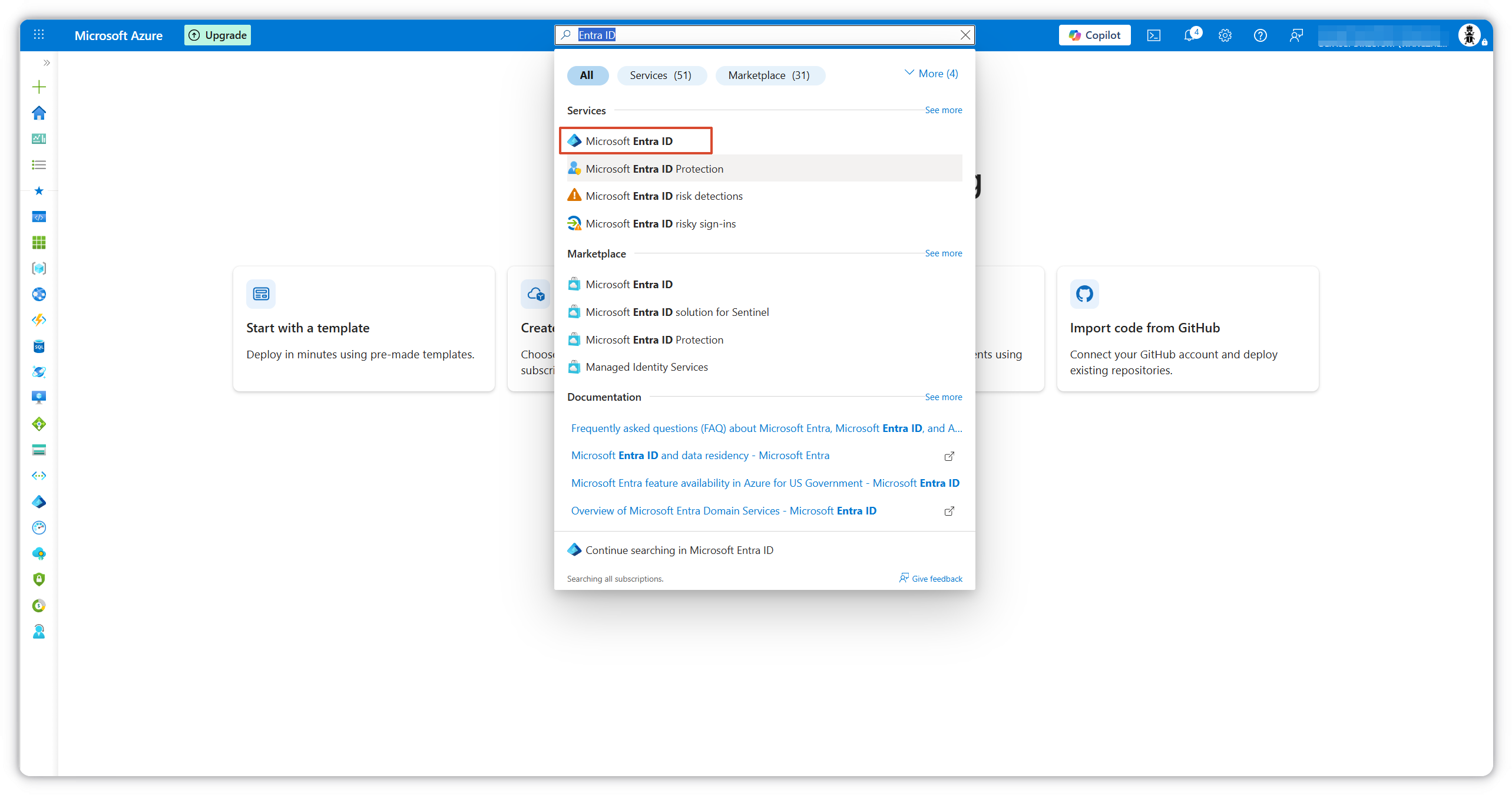 Search for Microsoft Entra ID in the Azure portal