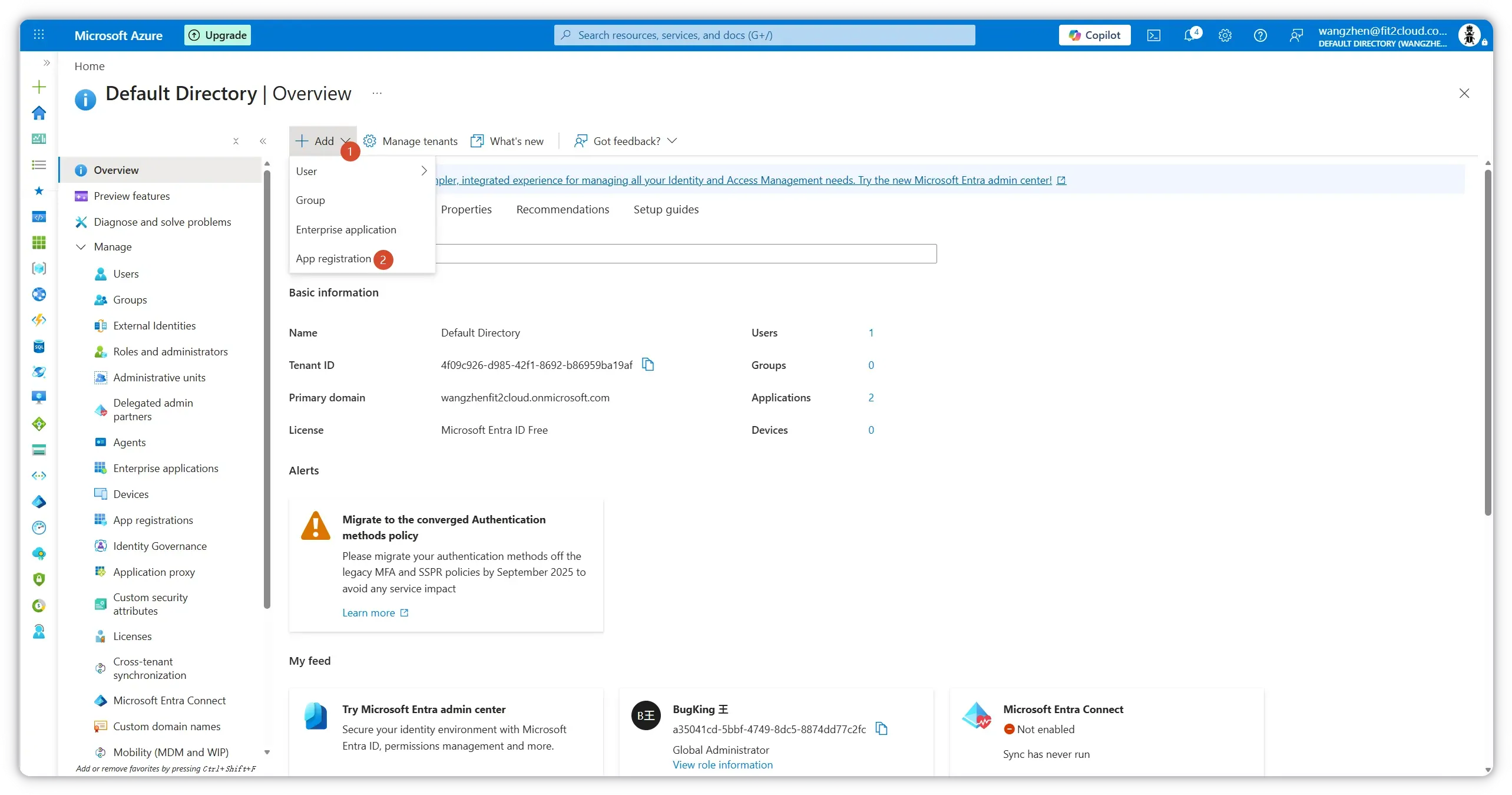 Create a new app registration from the Entra ID overview page