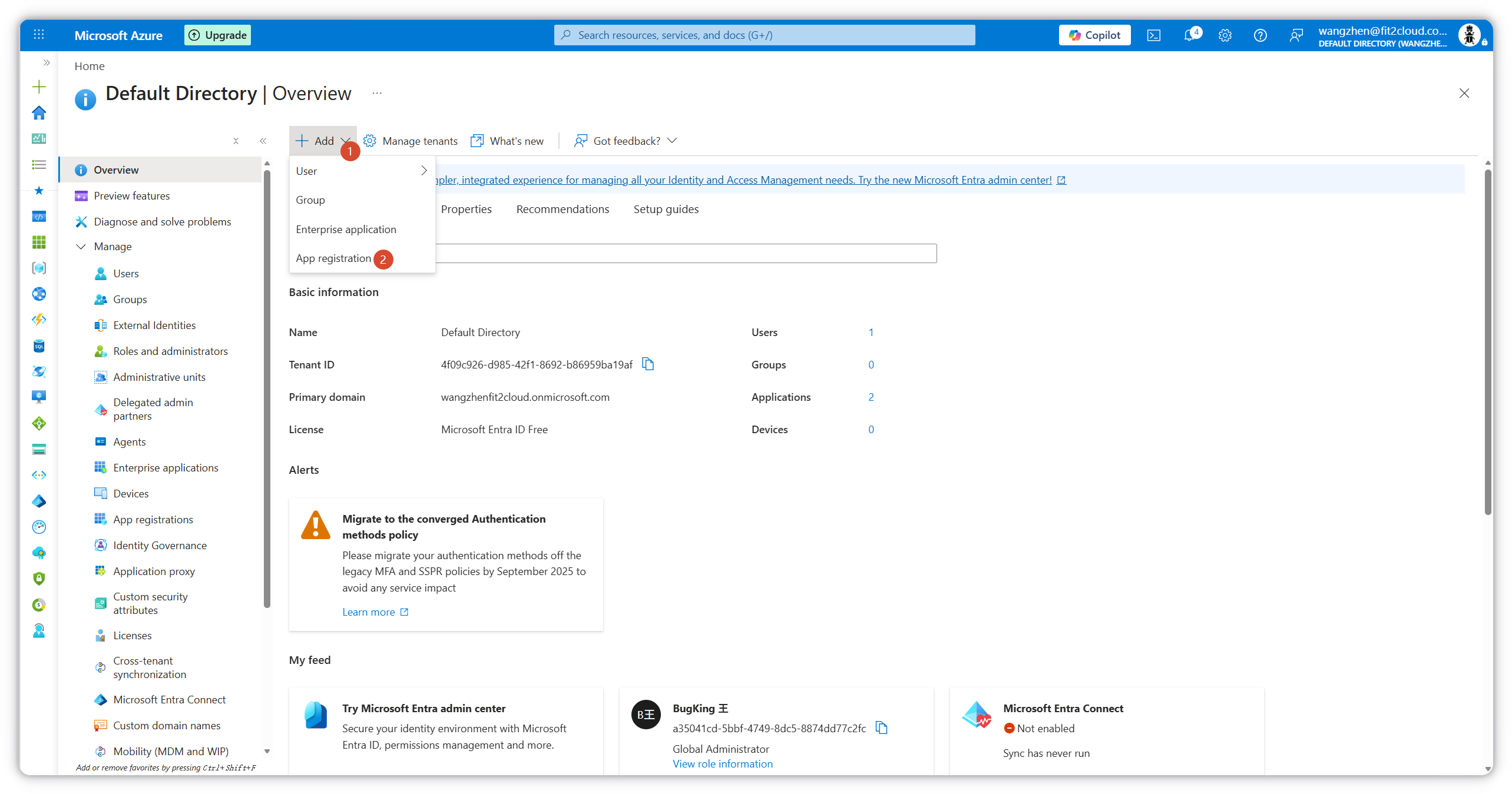 Create a new app registration from the Entra ID overview page