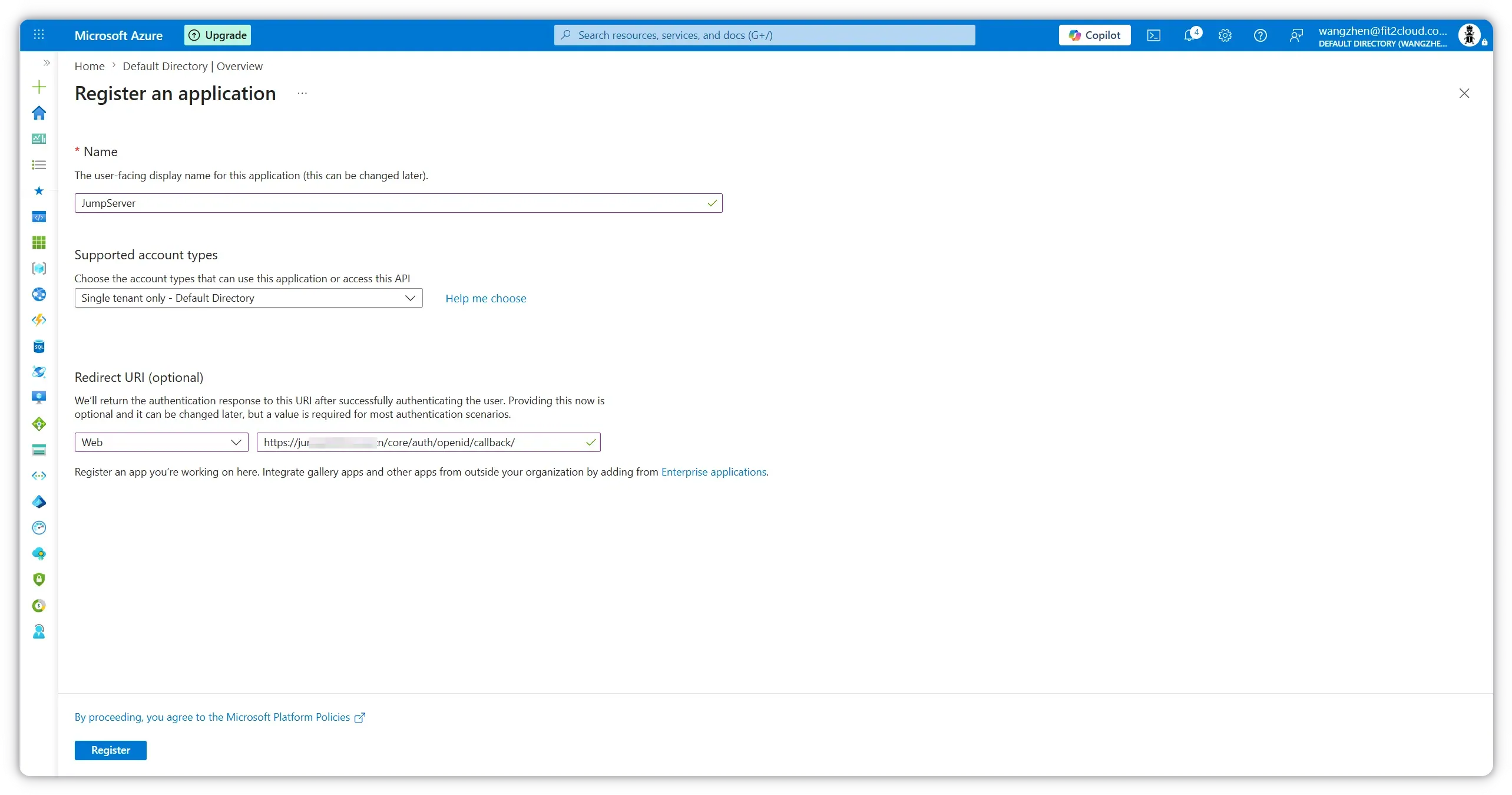 Register the JumpServer application with the OIDC redirect URI