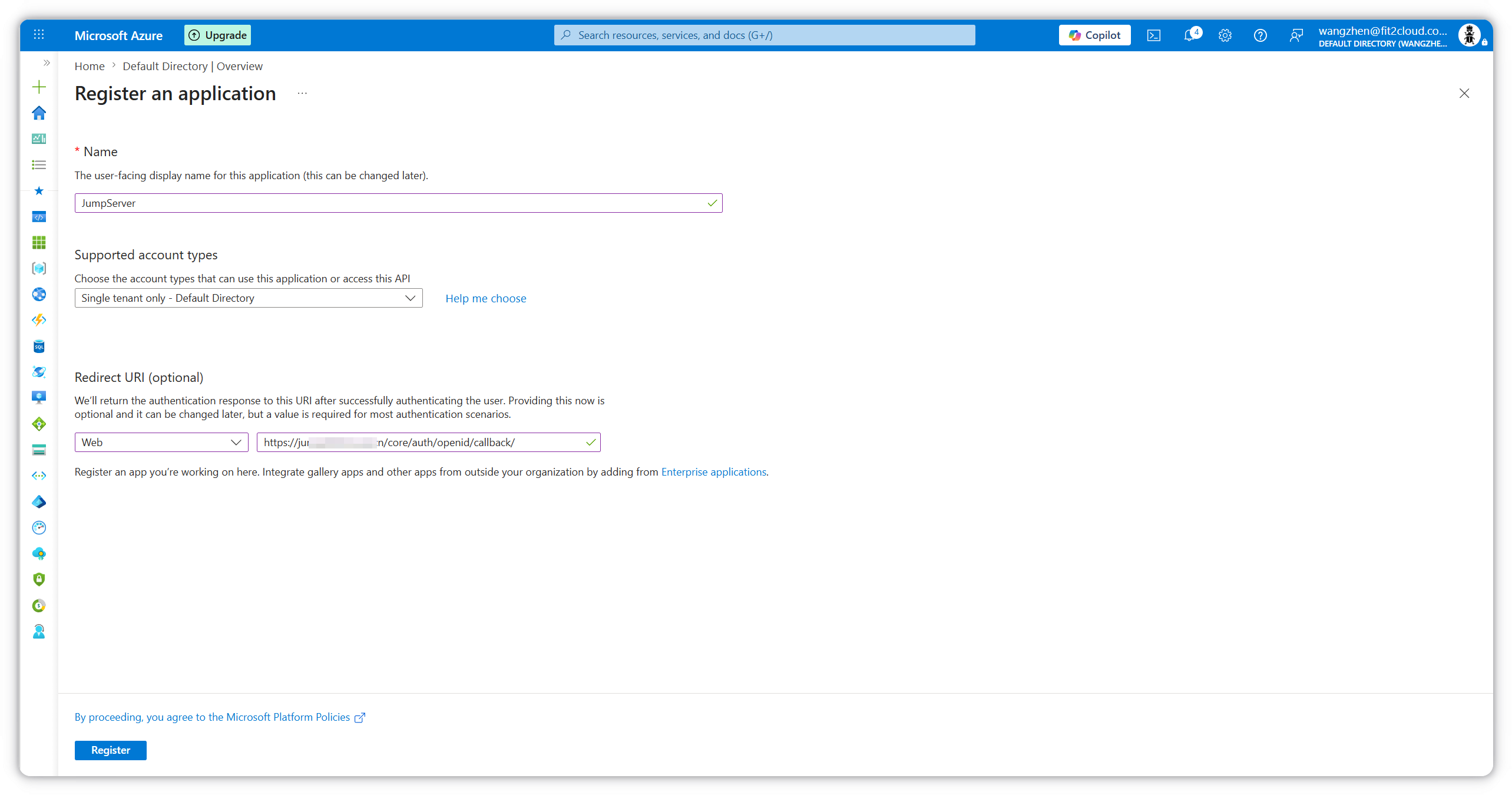 Register the JumpServer application with the OIDC redirect URI