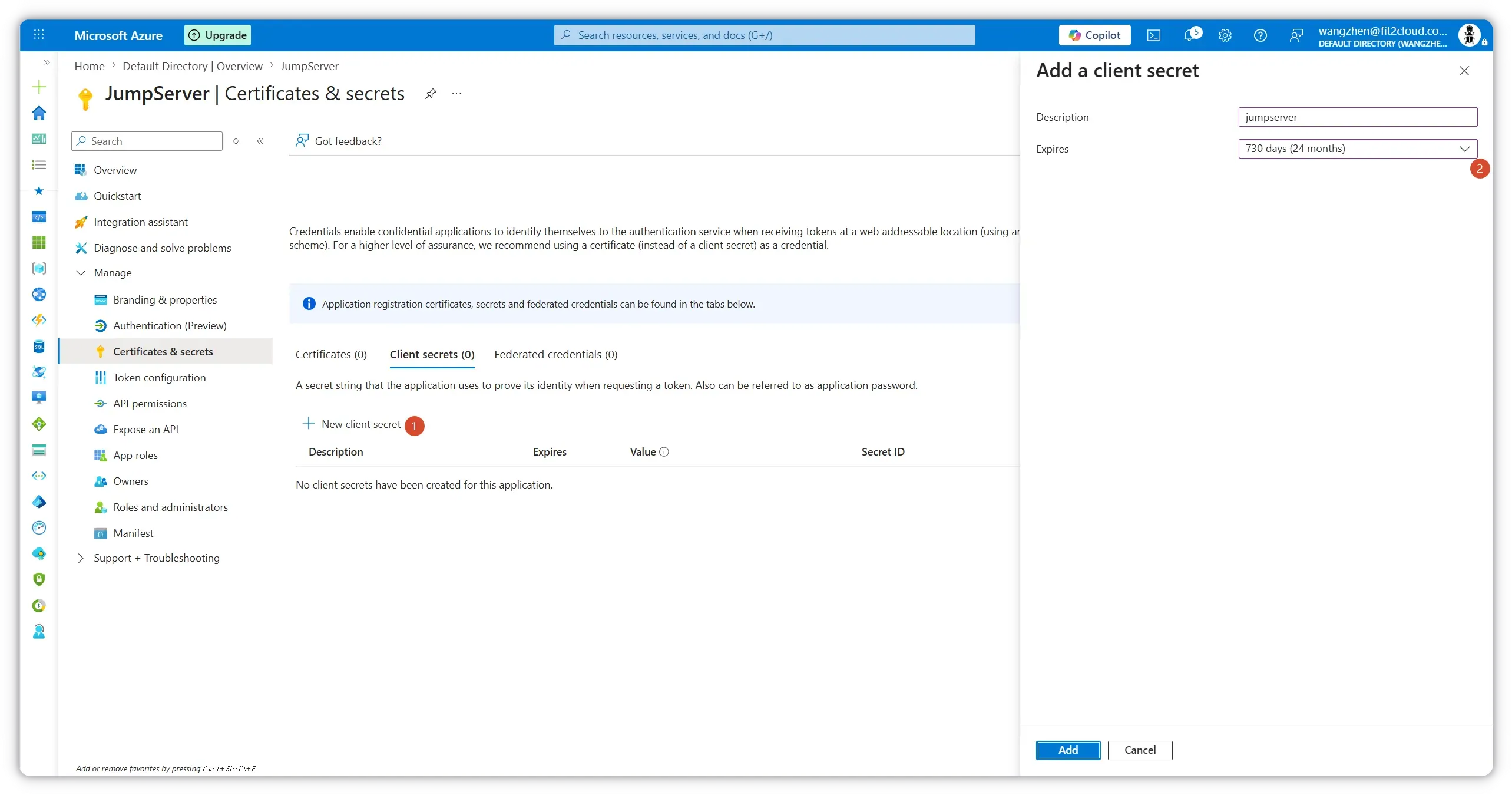 Create a new client secret for the JumpServer app registration