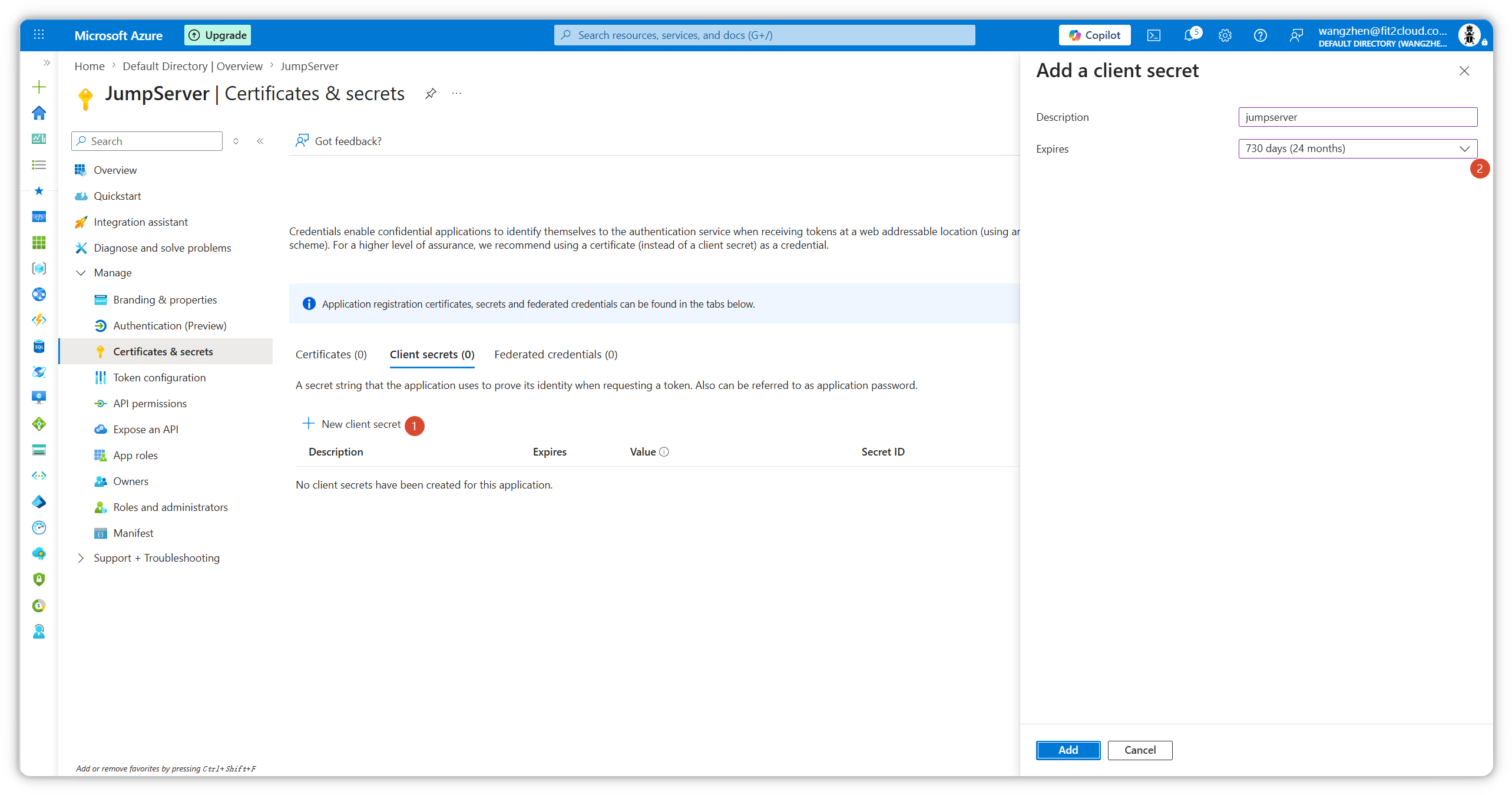Create a new client secret for the JumpServer app registration