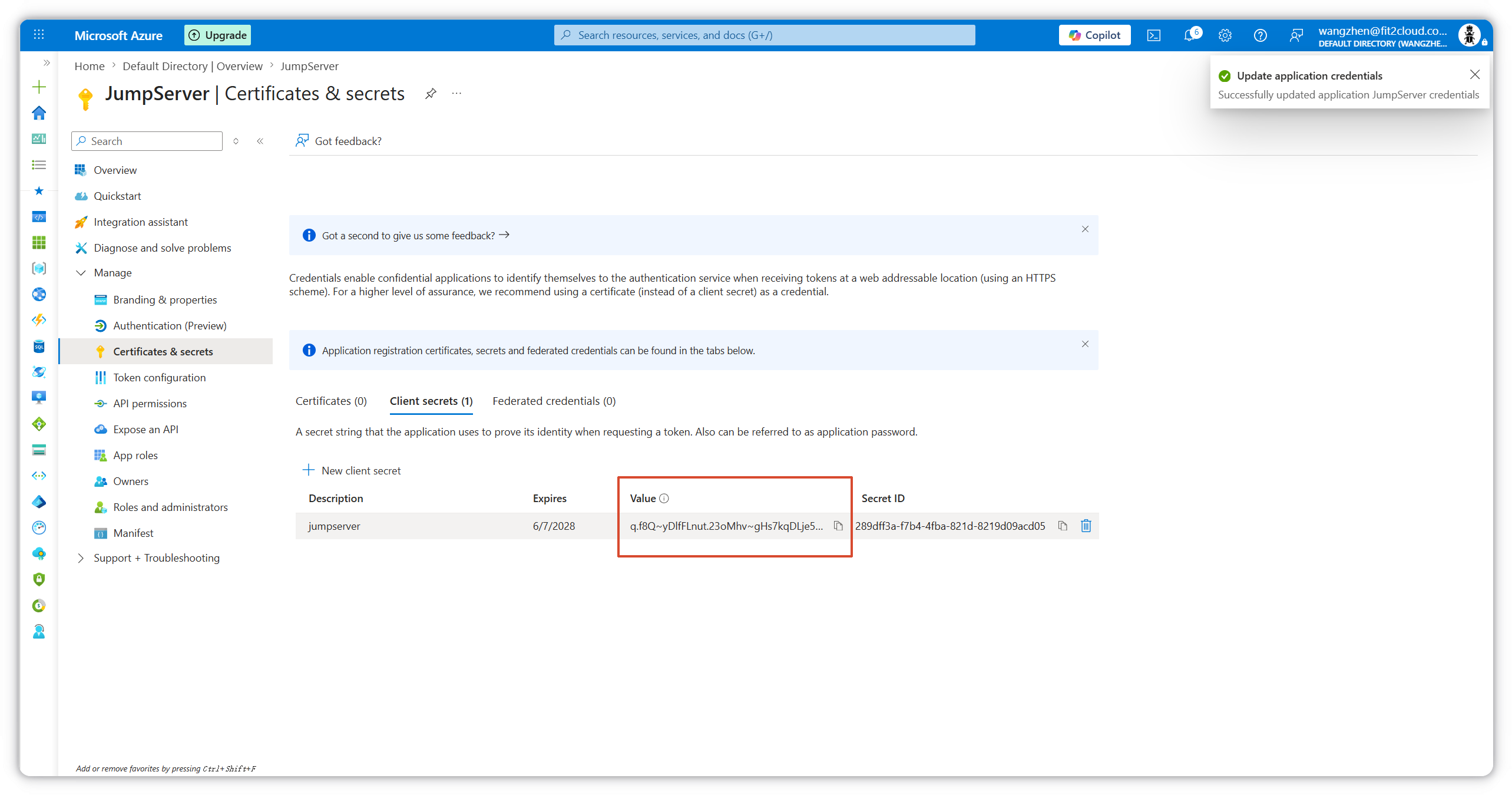 Copy the client secret value immediately after creation