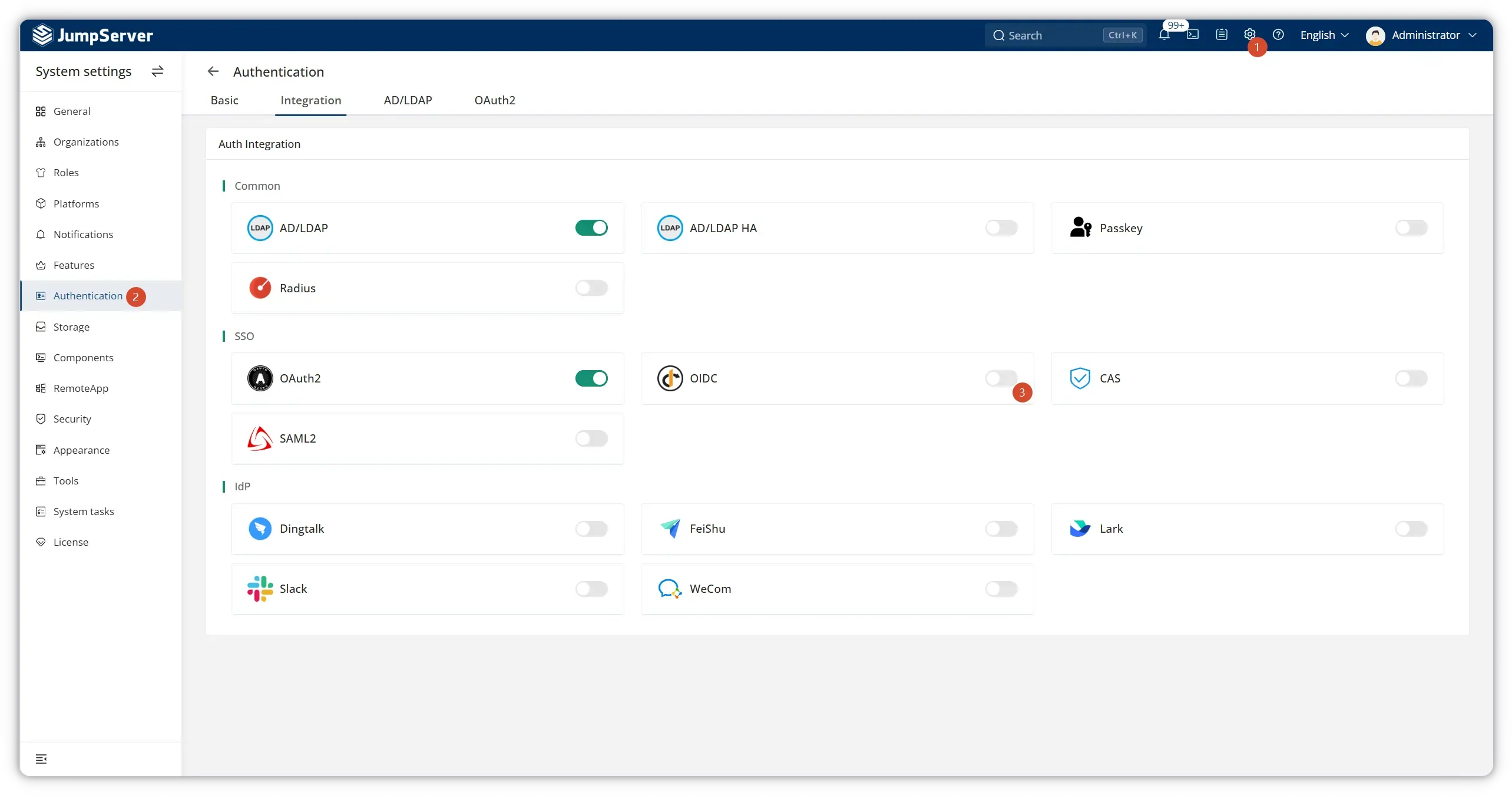 Enable OIDC in JumpServer System settings under Authentication → Integration