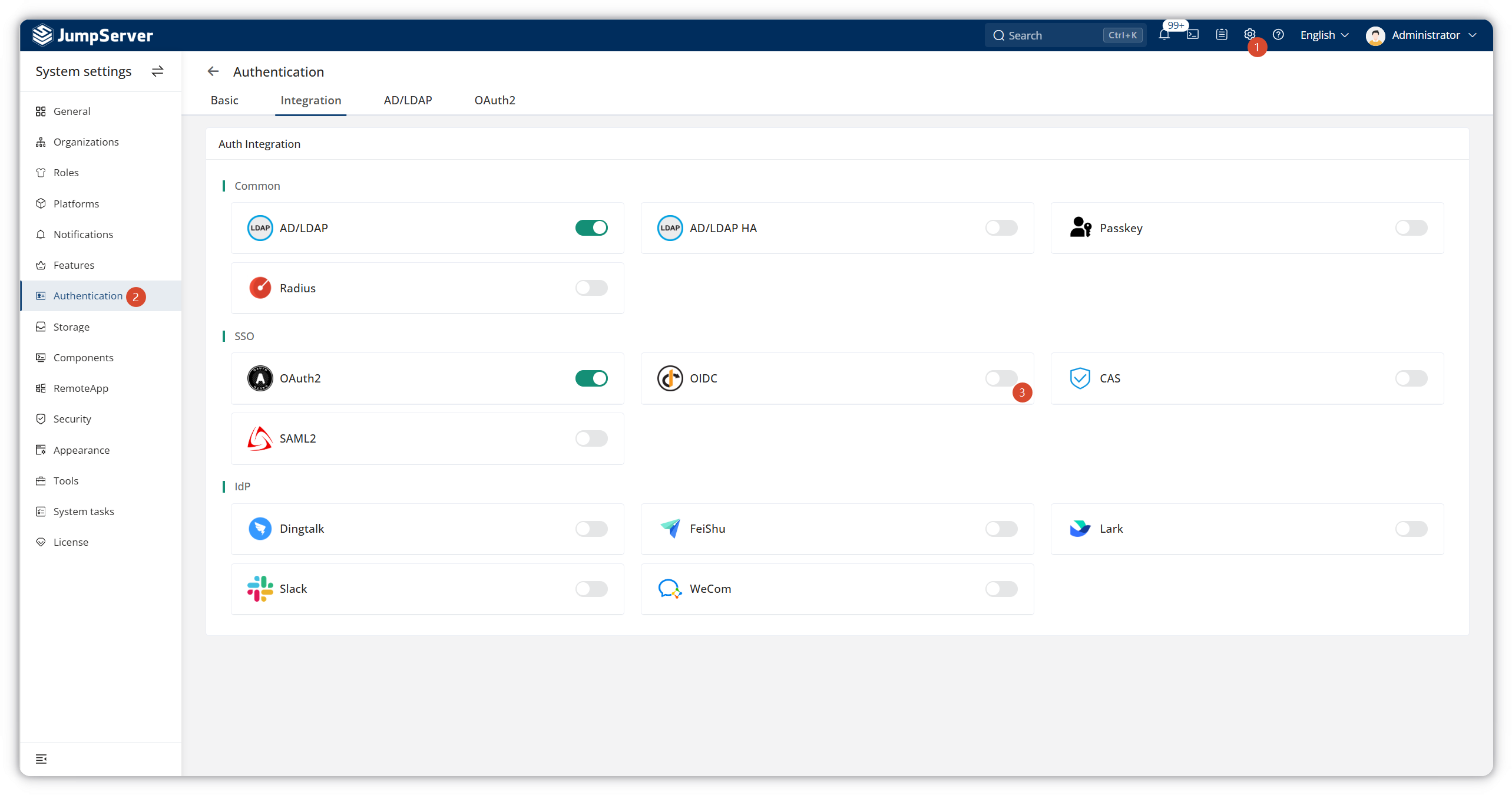 Enable OIDC in JumpServer System settings under Authentication → Integration