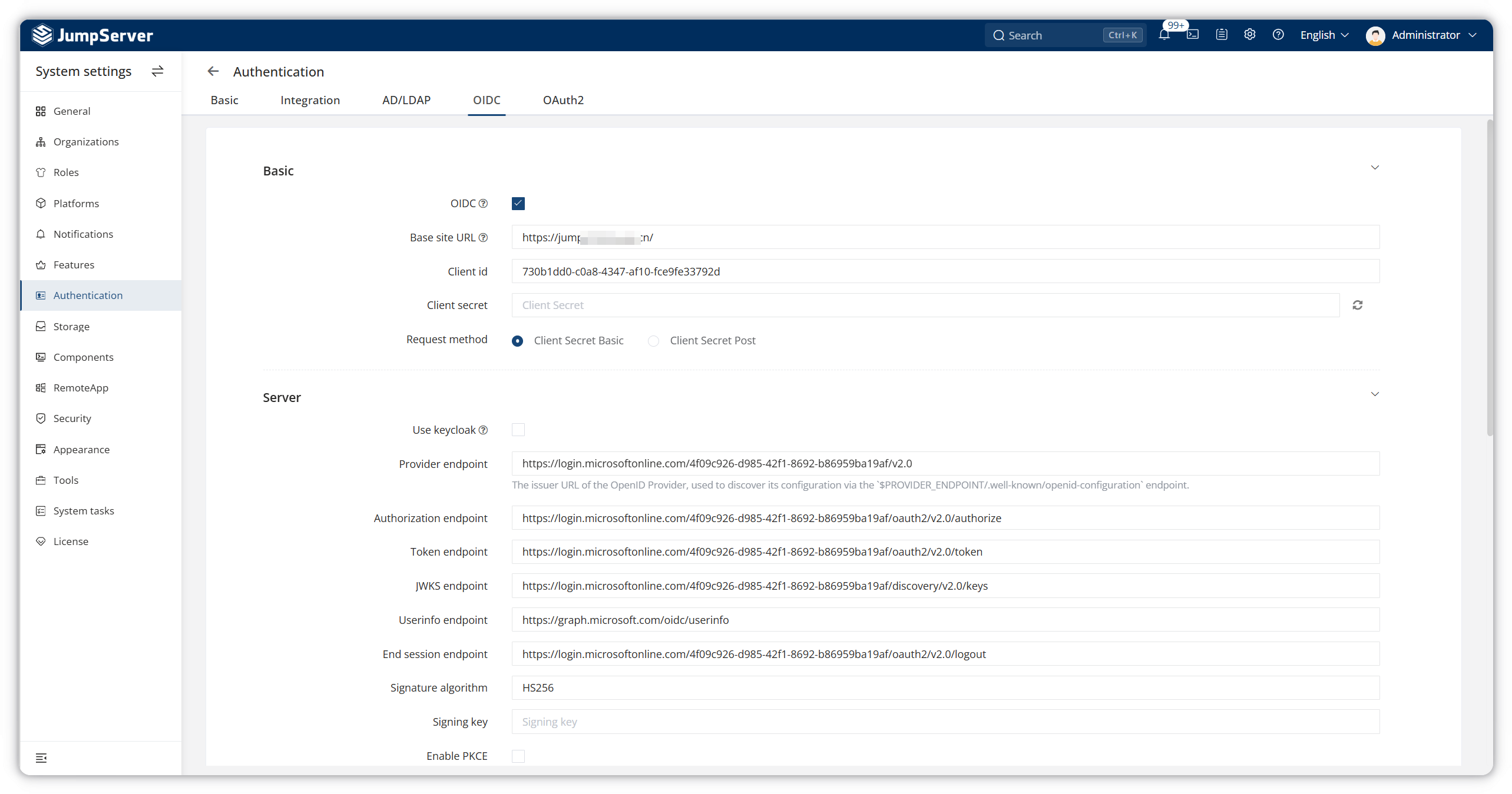 Configure JumpServer OIDC basic and server settings for Azure Entra ID