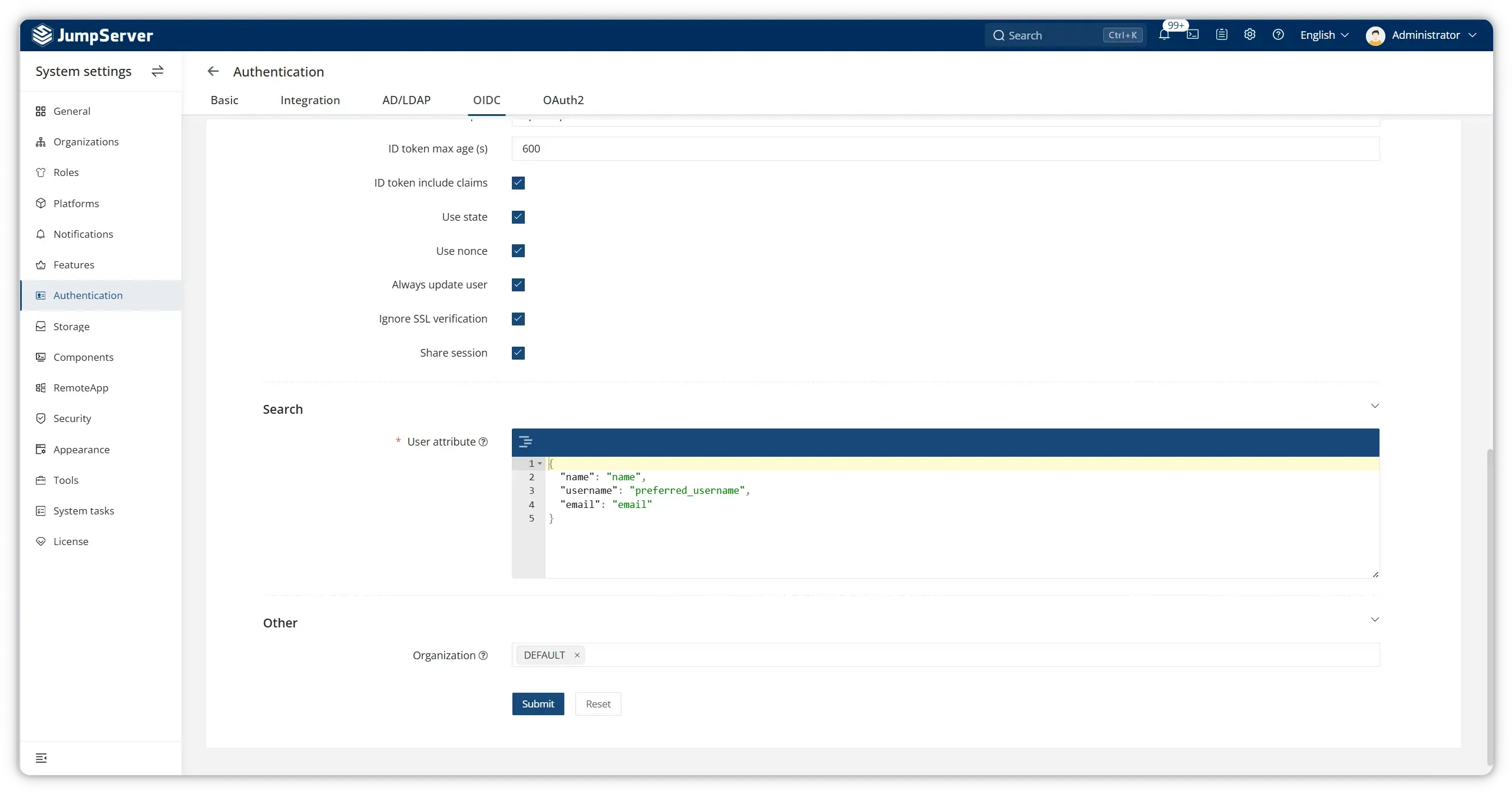 Configure OIDC token settings, user attribute mapping, and organization in JumpServer