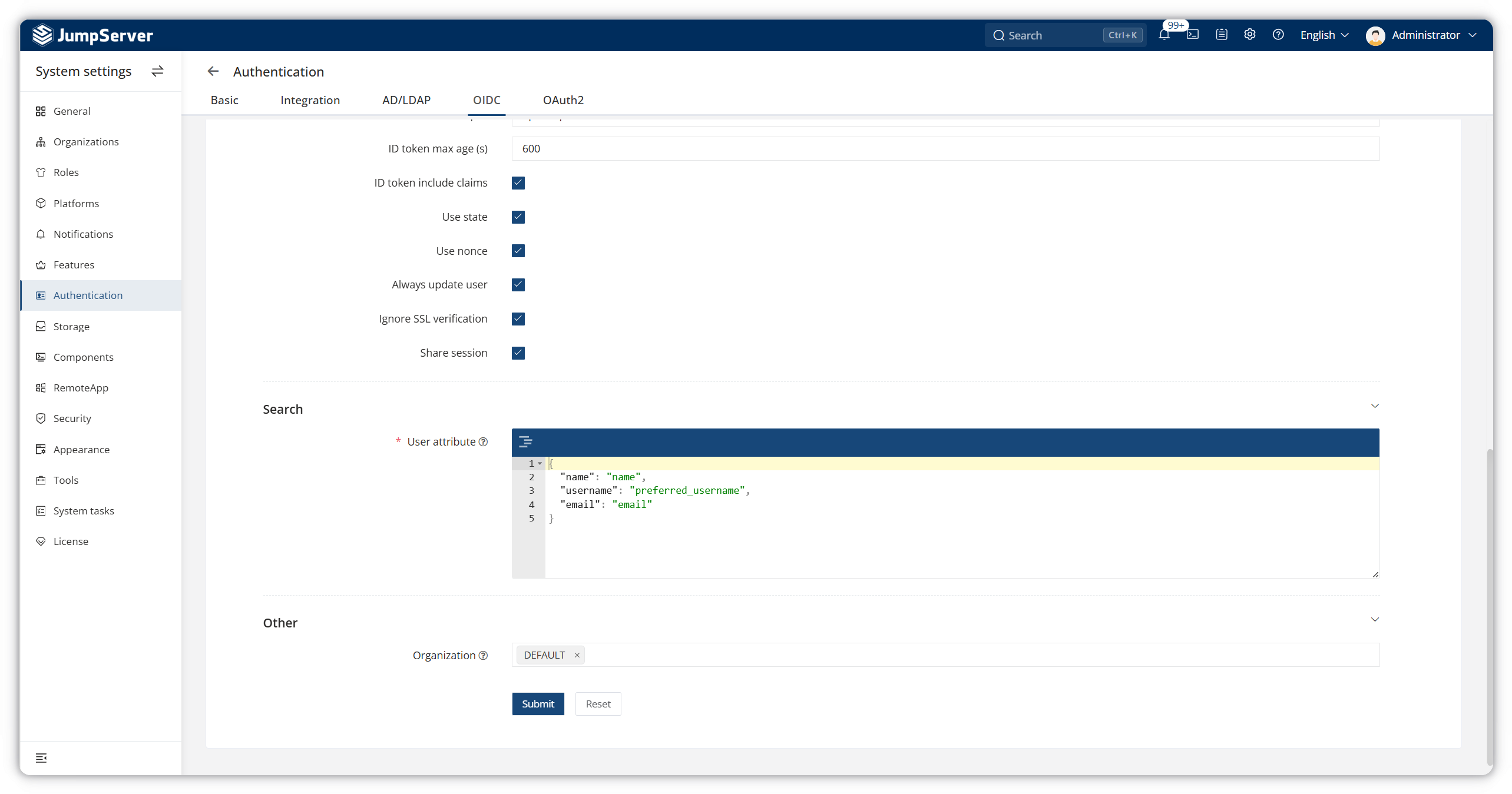 Configure OIDC token settings, user attribute mapping, and organization in JumpServer