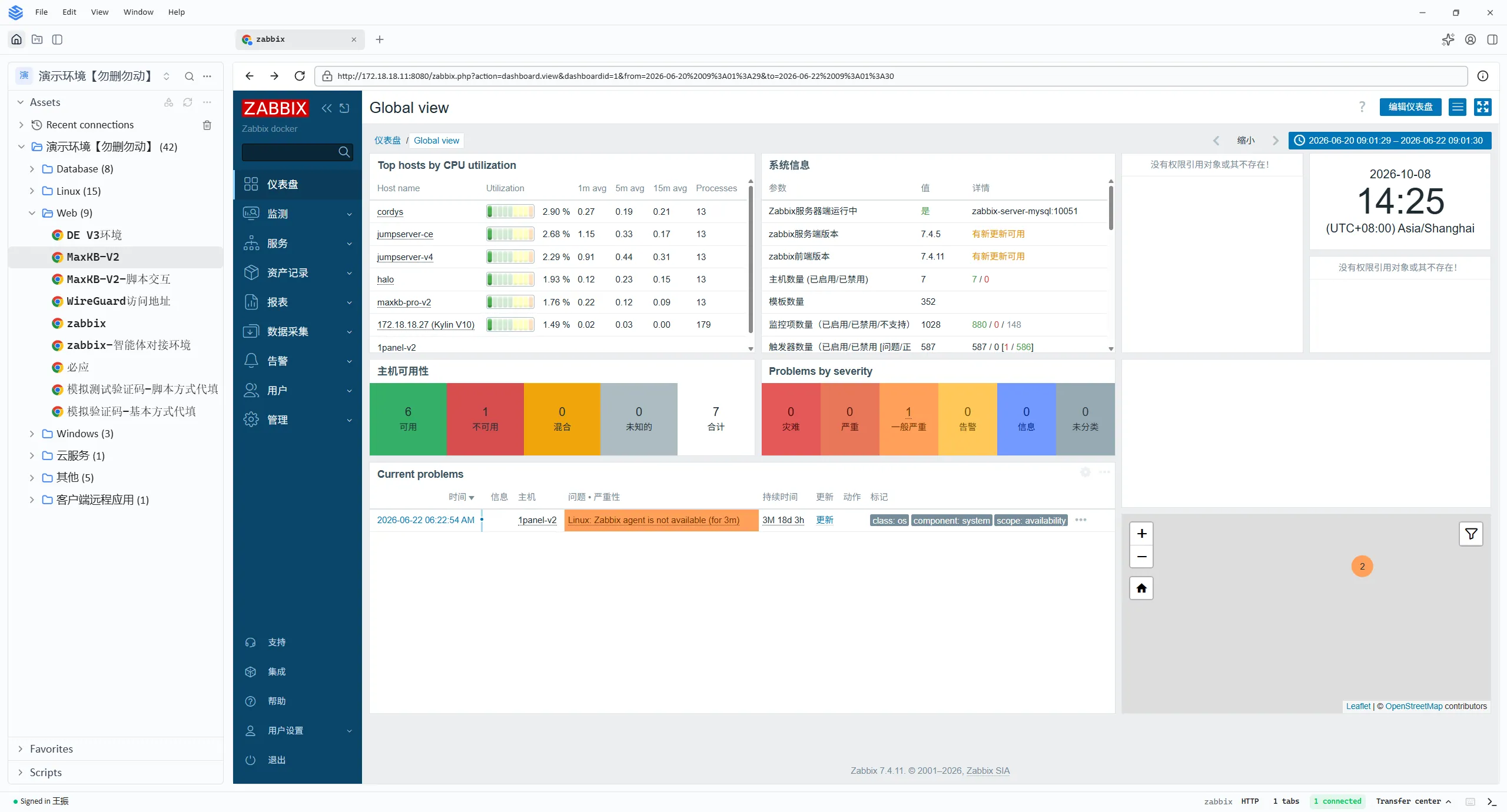 JumpServer V5 native client rendering a Zabbix monitoring dashboard inside the built-in browser, with the asset tree on the left and the connection listed as a tab in the status bar