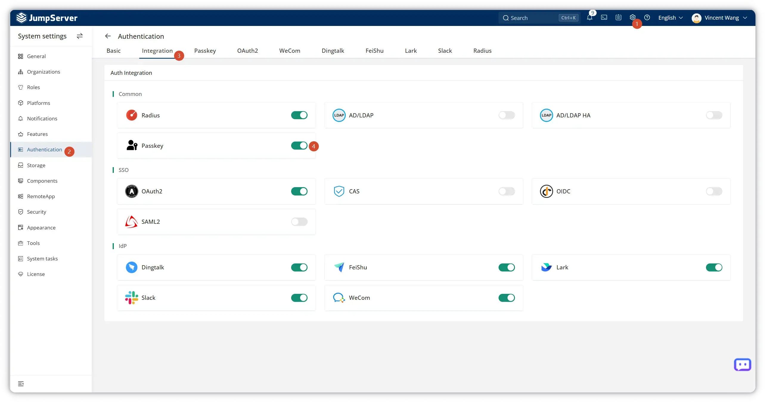 Enable Passkey authentication in JumpServer System settings under Authentication Integration
