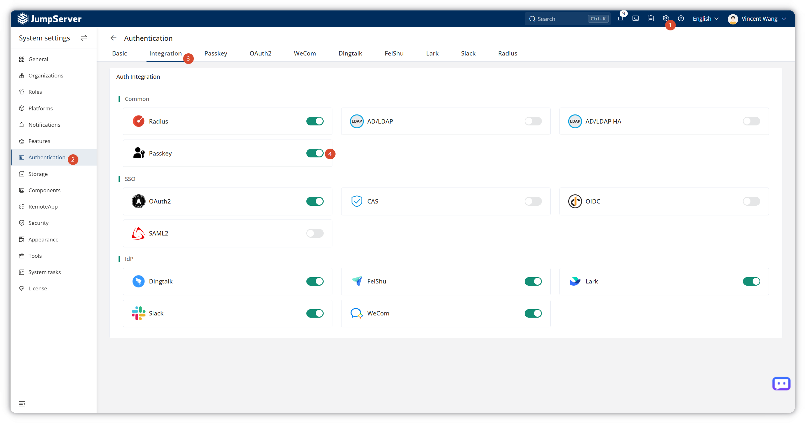 Enable Passkey authentication in JumpServer System settings under Authentication Integration