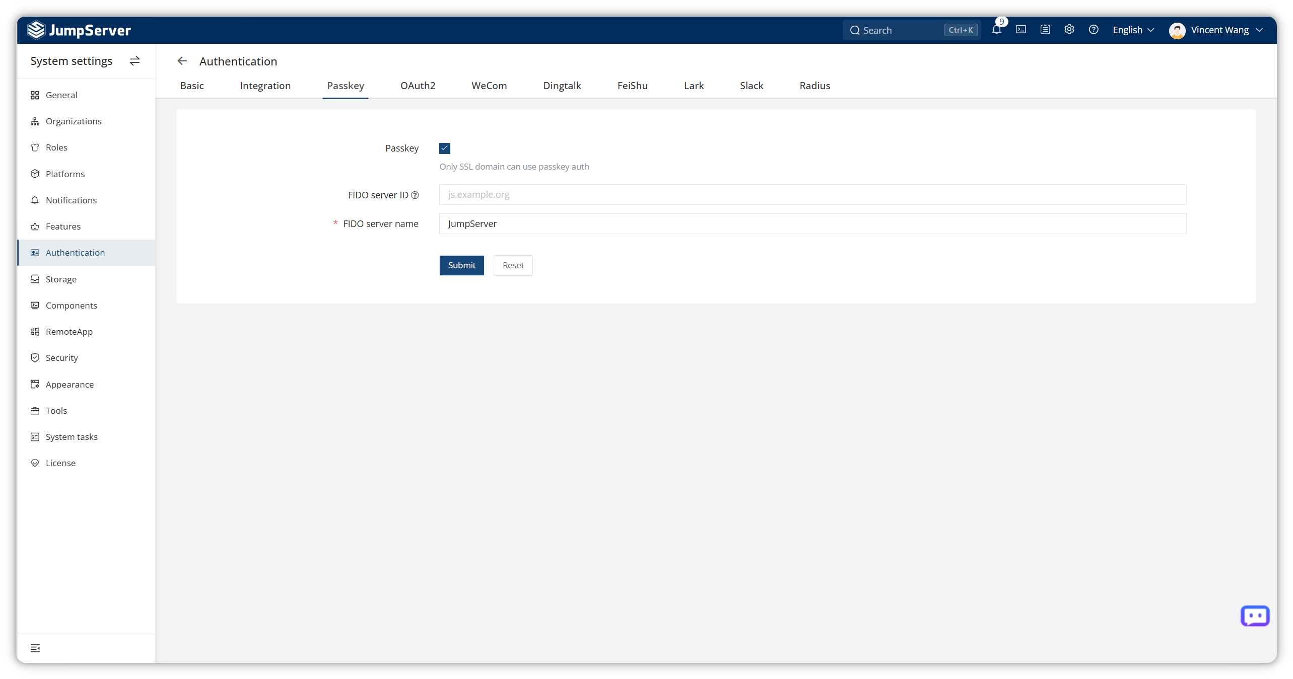 Configure FIDO server ID and FIDO server name in JumpServer Passkey settings