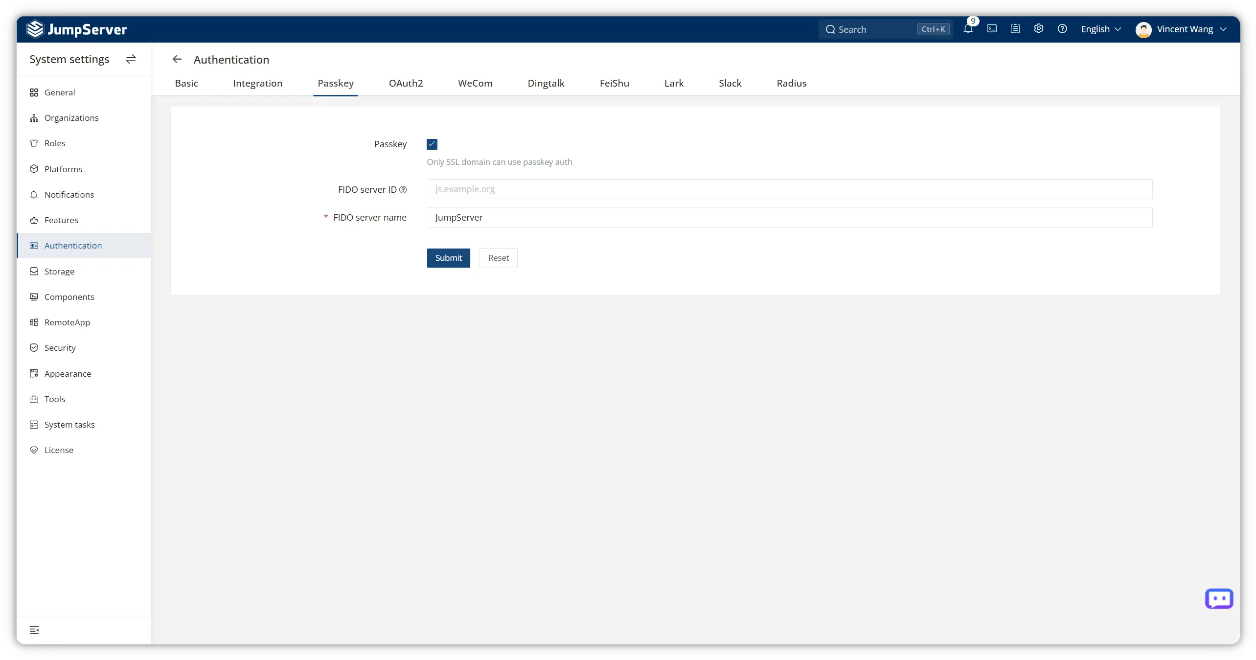 Configure FIDO server ID and FIDO server name in JumpServer Passkey settings