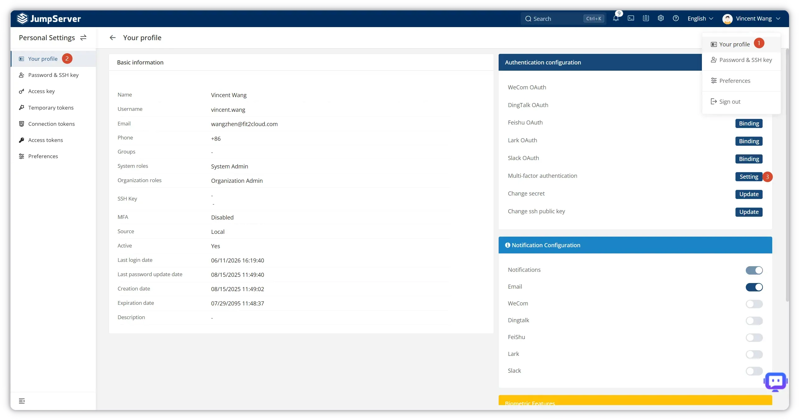 Navigate to Multi-factor authentication settings from your JumpServer user profile