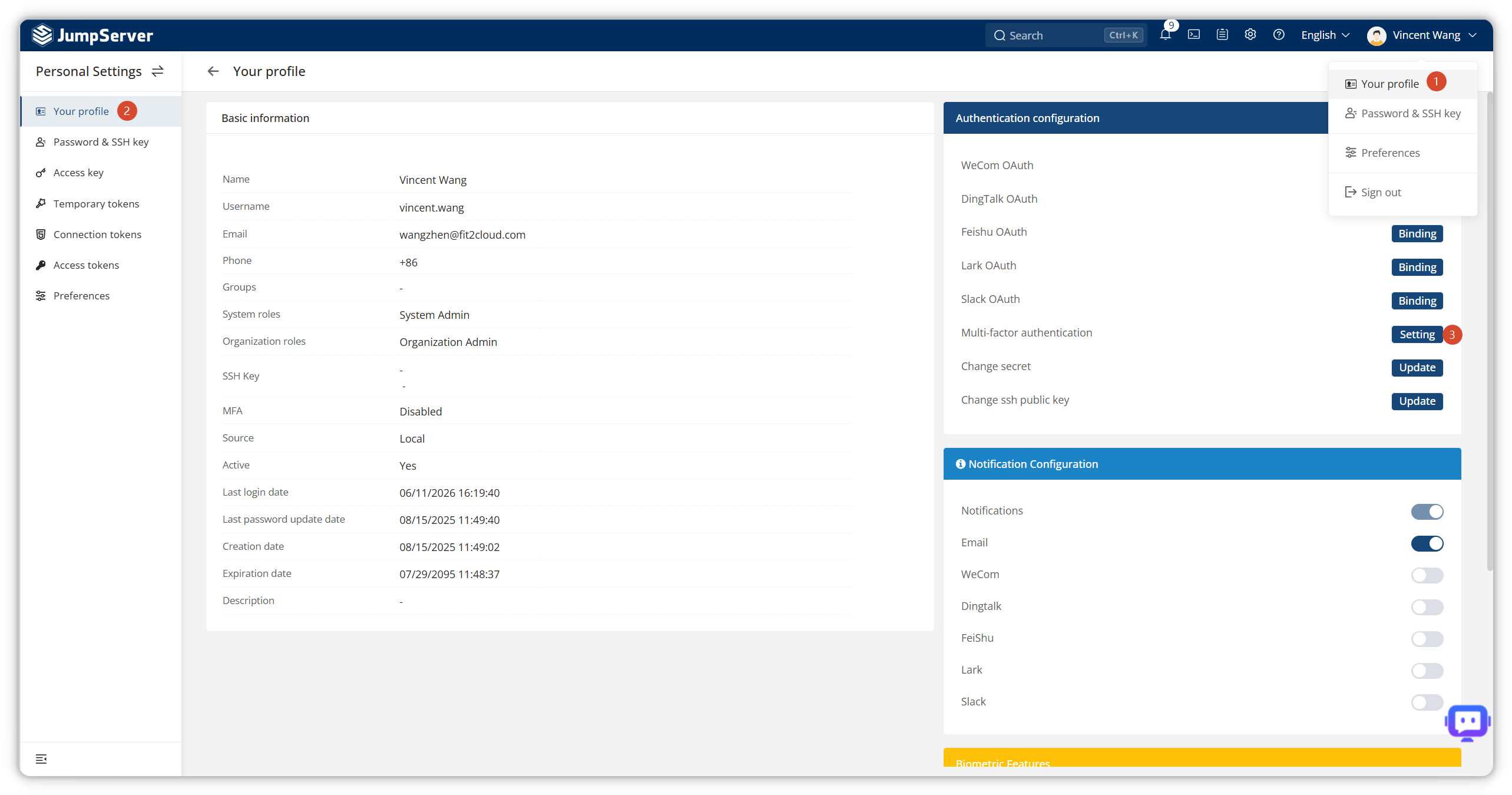Navigate to Multi-factor authentication settings from your JumpServer user profile