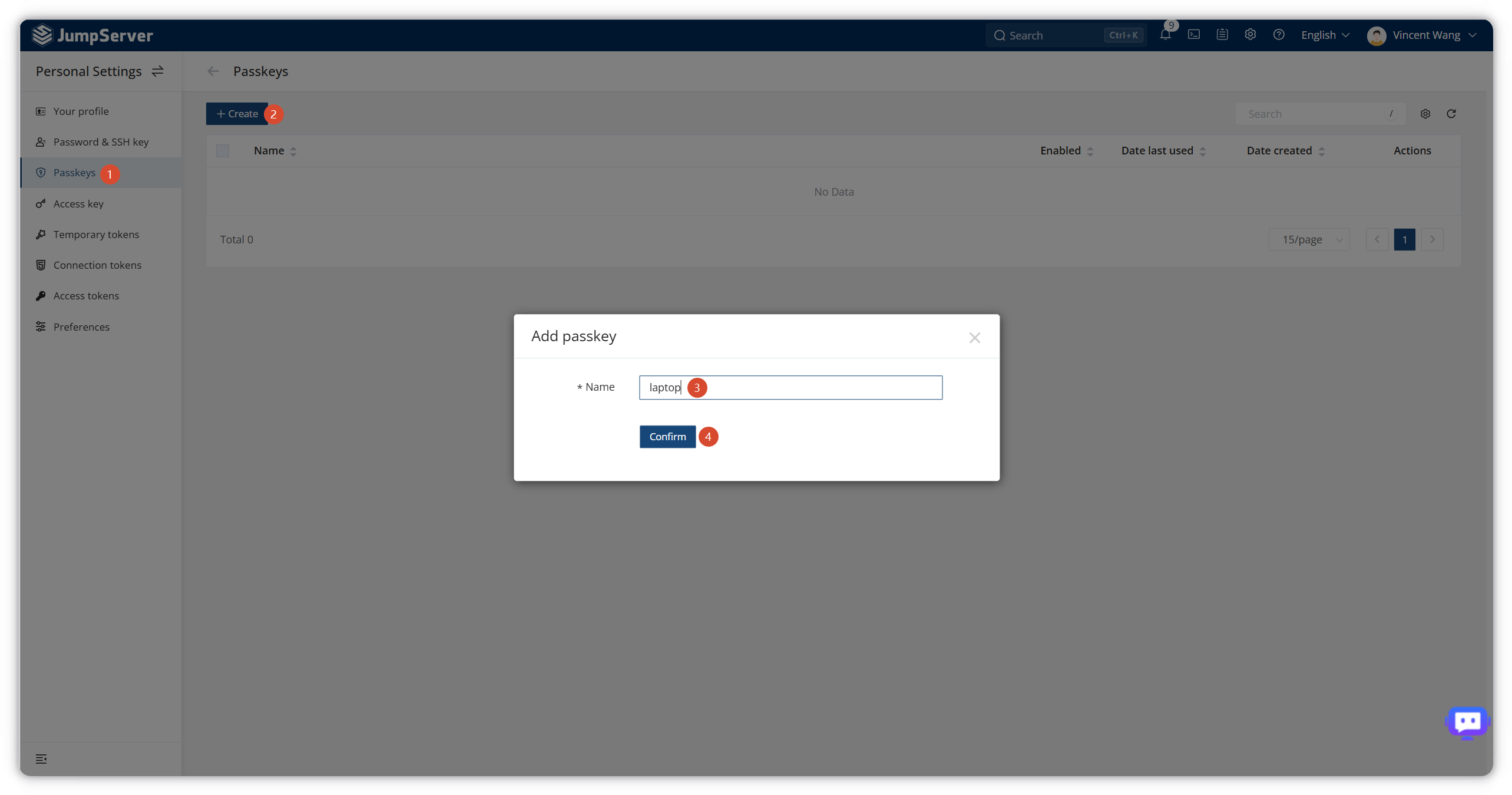Create a named Passkey in JumpServer Personal Settings Passkeys page