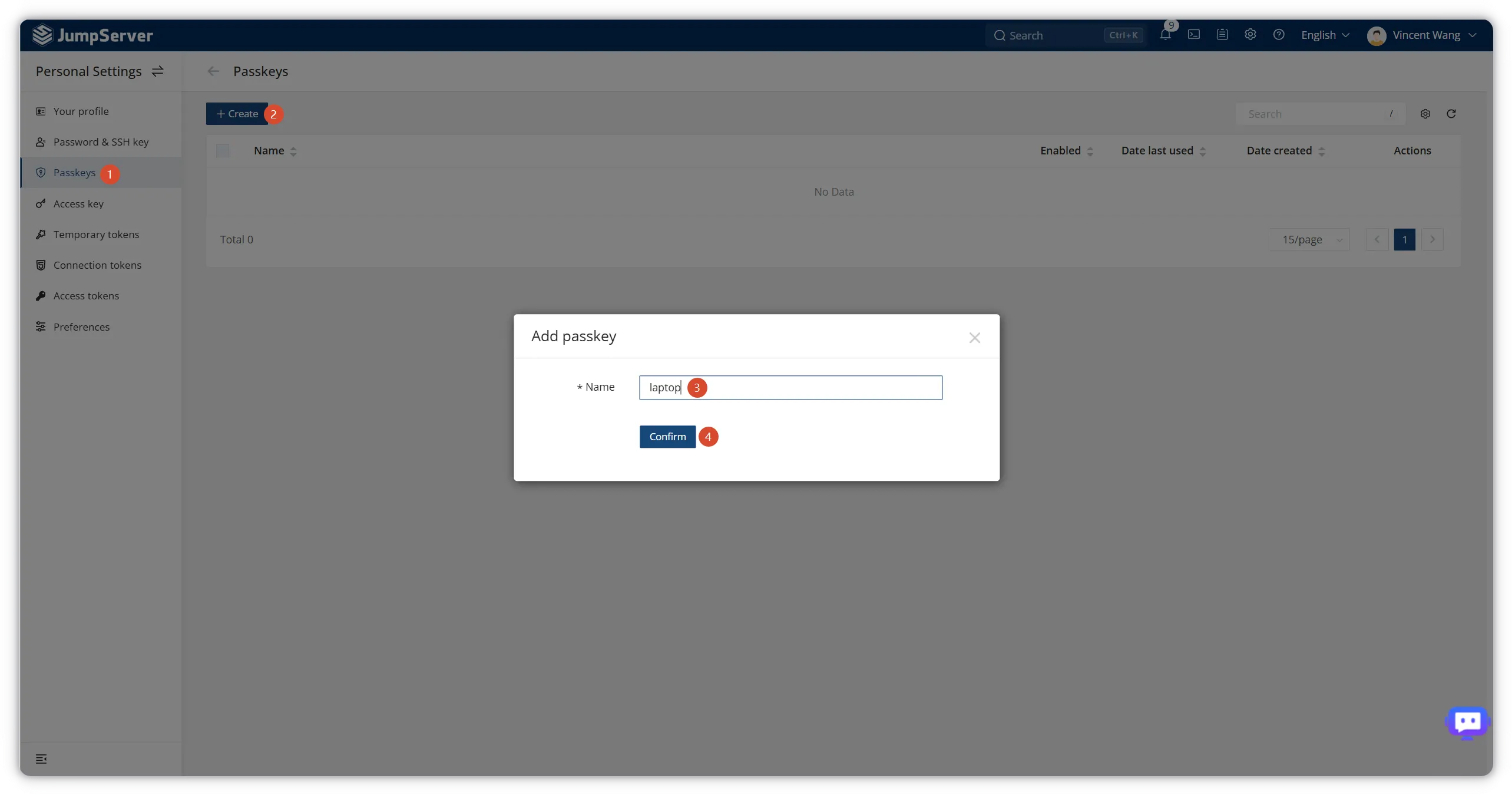 Create a named Passkey in JumpServer Personal Settings Passkeys page